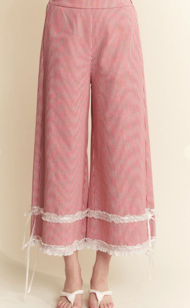Red Washed Stripe Ruffle Lace Cropped Pants - Whiskey Skies - DAVI & DANI