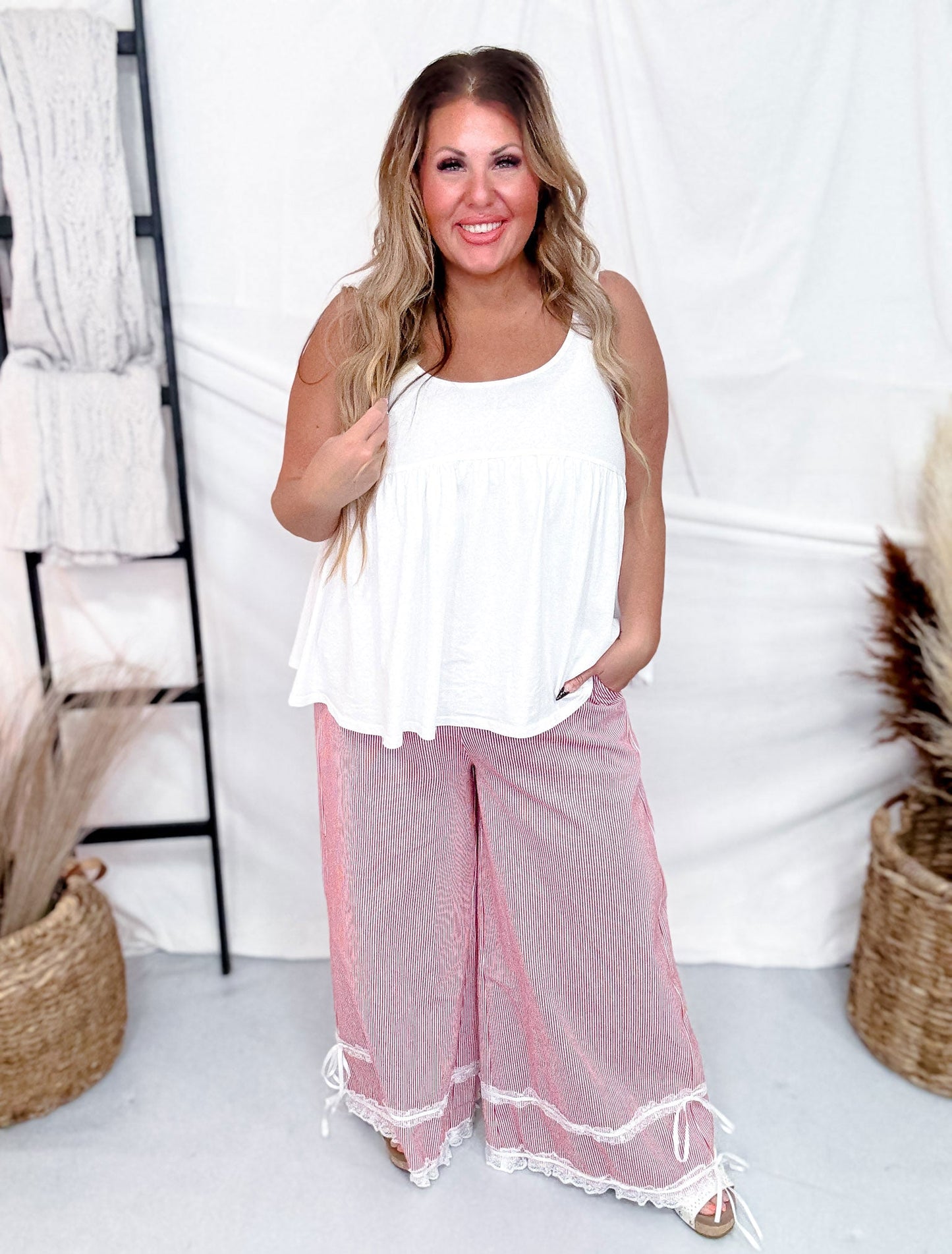 Red Washed Stripe Ruffle Lace Cropped Pants - Whiskey Skies - DAVI & DANI