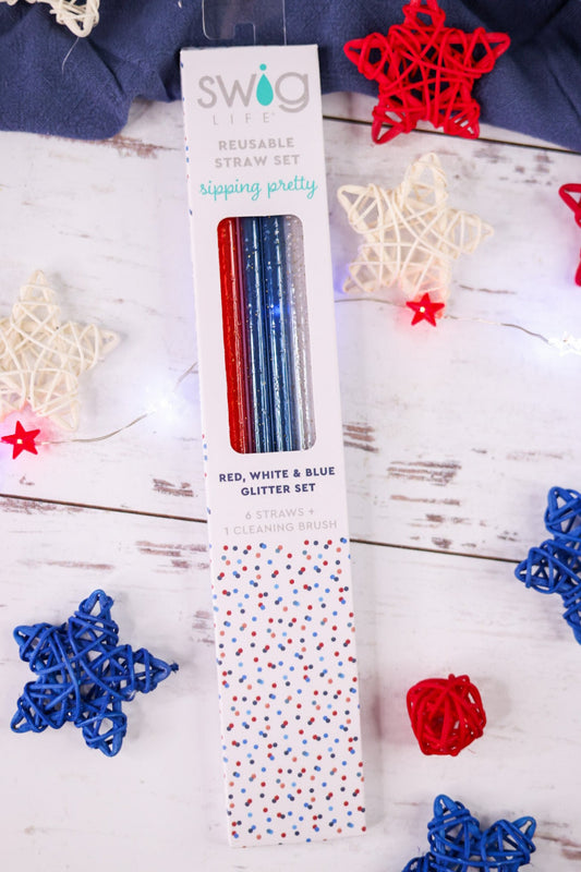 Red, White, and Blue Glittery Reusable Straw Set - Whiskey Skies - SWIG LIFE