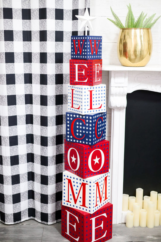Red White & Blue "Welcome" Metal Box Stack - Whiskey Skies - SPECIAL T IMPORTS INC