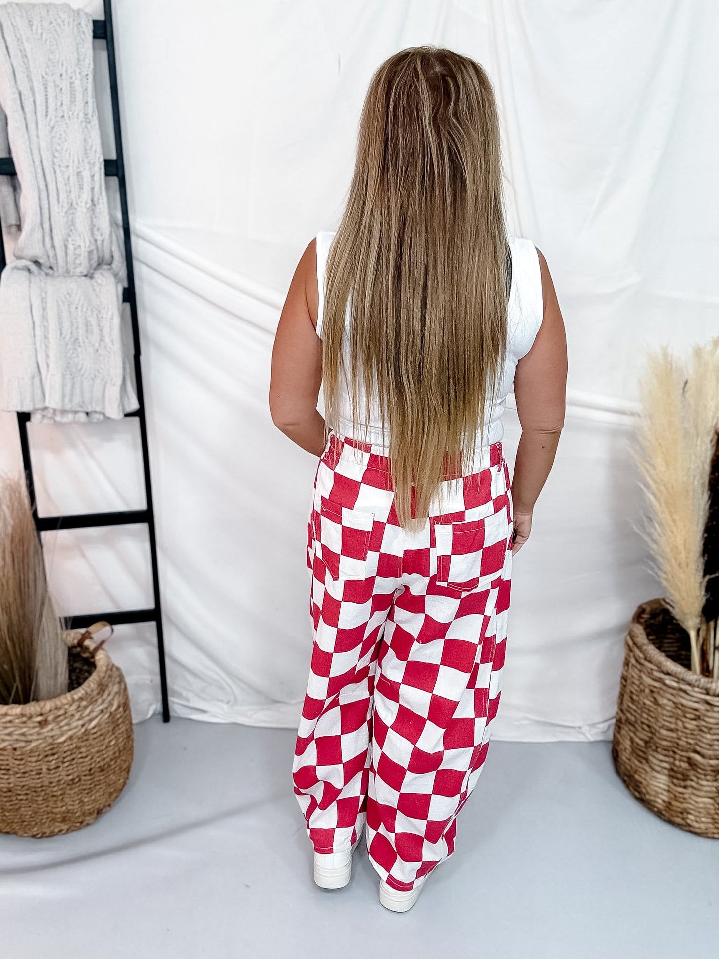 Red & White Checker Print Barrel Leg Jeans - Whiskey Skies - ODDI