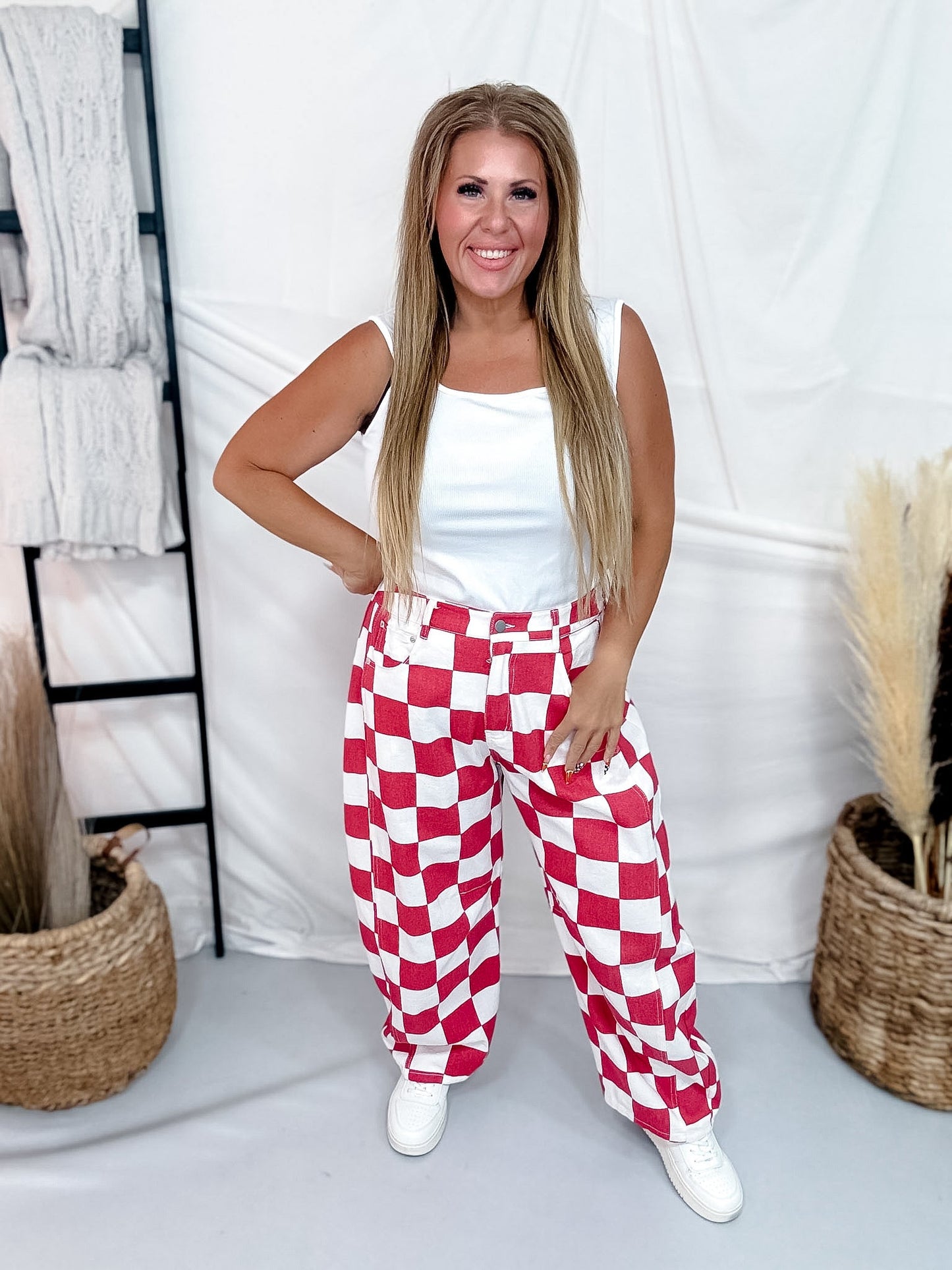 Red & White Checker Print Barrel Leg Jeans - Whiskey Skies - ODDI