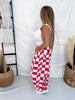 Red & White Checker Print Barrel Leg Jeans - Whiskey Skies - ODDI