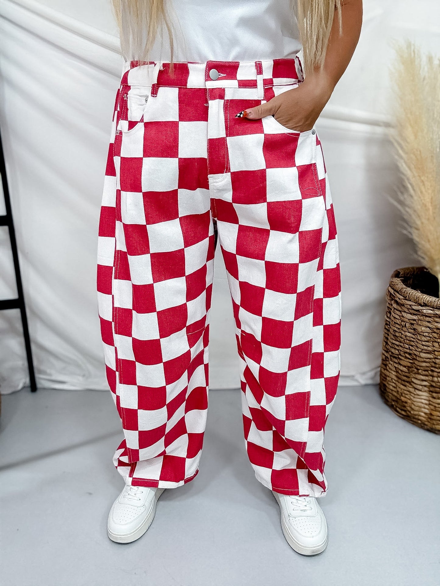 Red & White Checker Print Barrel Leg Jeans - Whiskey Skies - ODDI