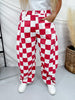Red & White Checker Print Barrel Leg Jeans - Whiskey Skies - ODDI