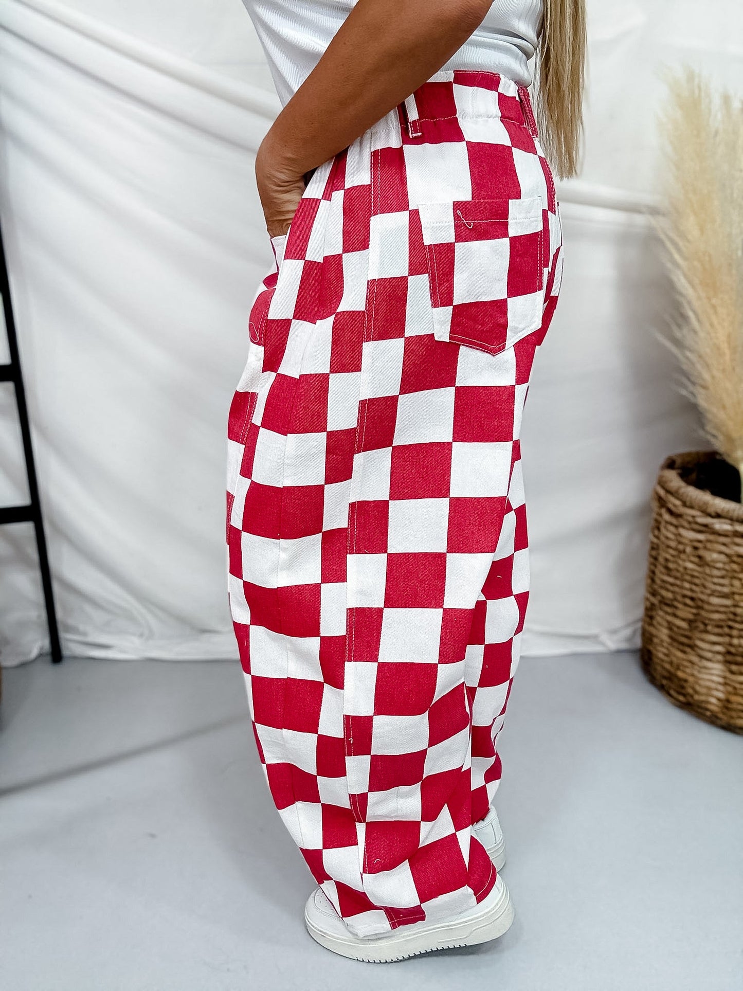 Red & White Checker Print Barrel Leg Jeans - Whiskey Skies - ODDI