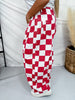 Red & White Checker Print Barrel Leg Jeans - Whiskey Skies - ODDI