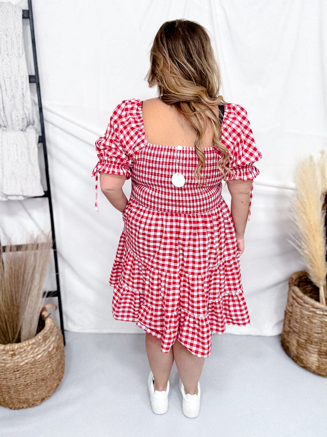 Red & White Gingham Puff Sleeve Midi Dress - Whiskey Skies - ODDI