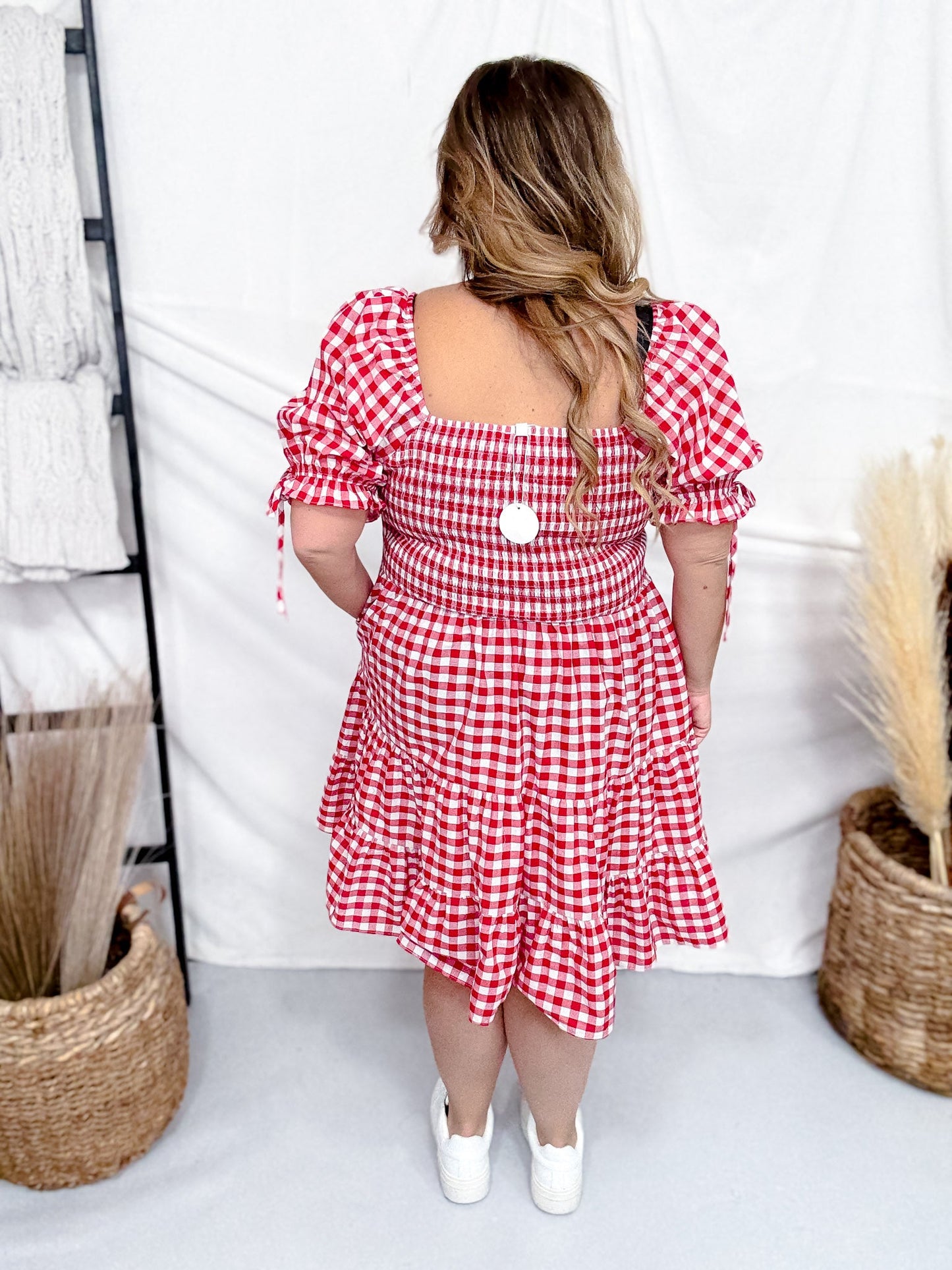 Red & White Gingham Puff Sleeve Midi Dress FINAL SALE