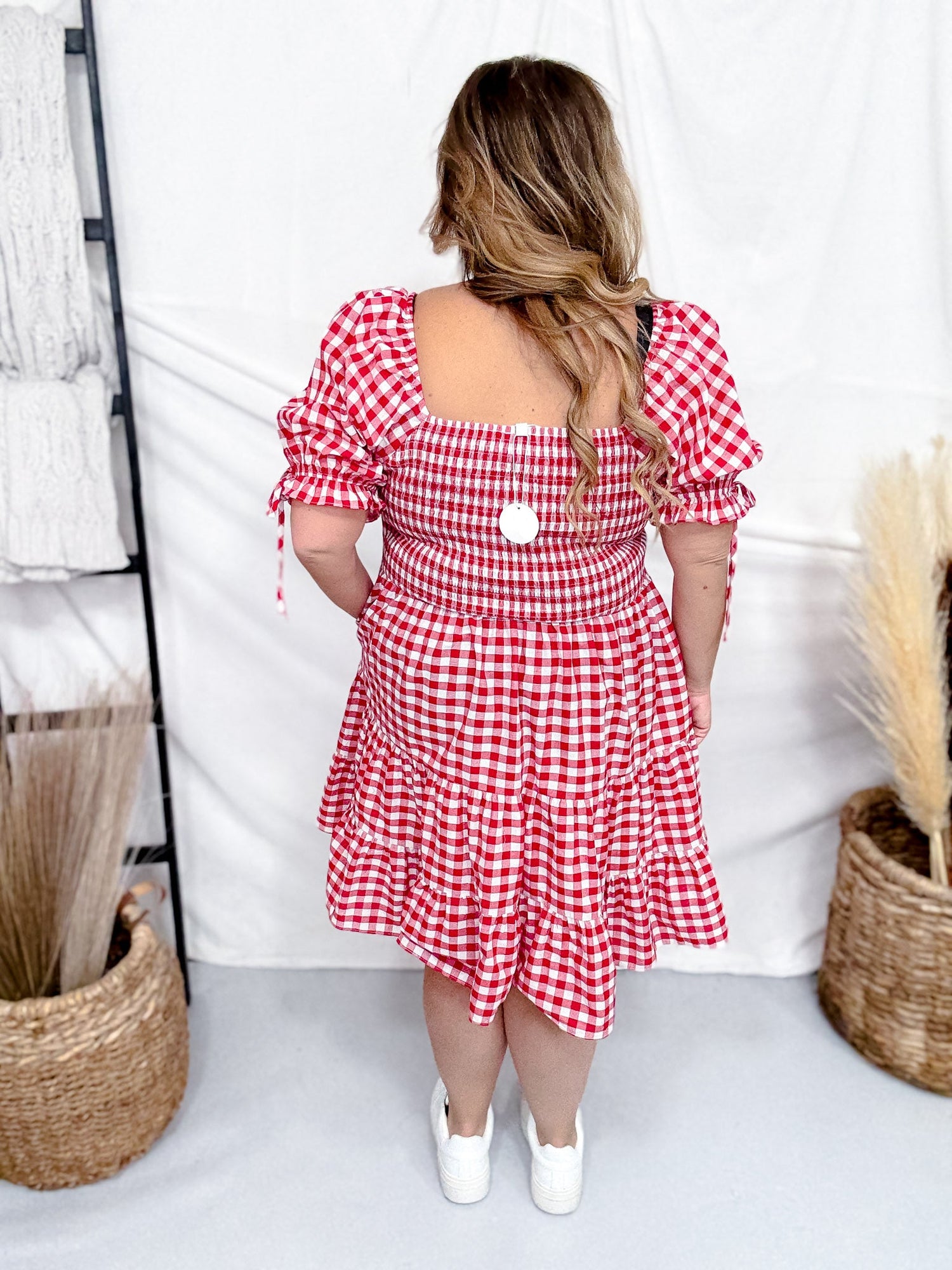 Red & White Gingham Puff Sleeve Midi Dress FINAL SALE
