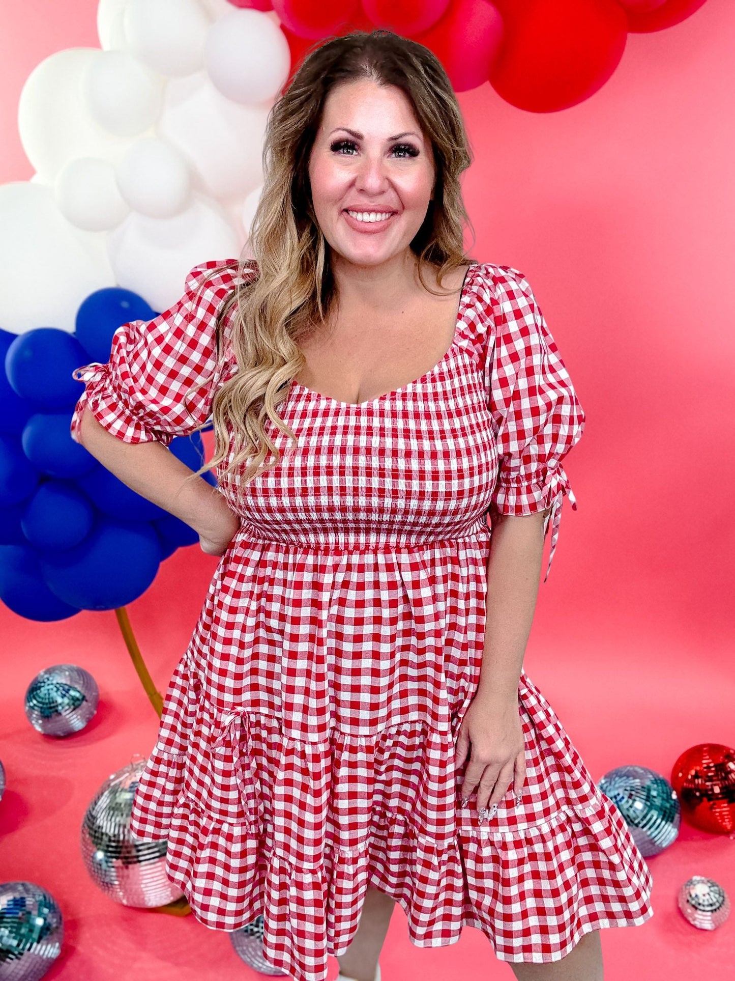 Red & White Gingham Puff Sleeve Midi Dress - Whiskey Skies - ODDI