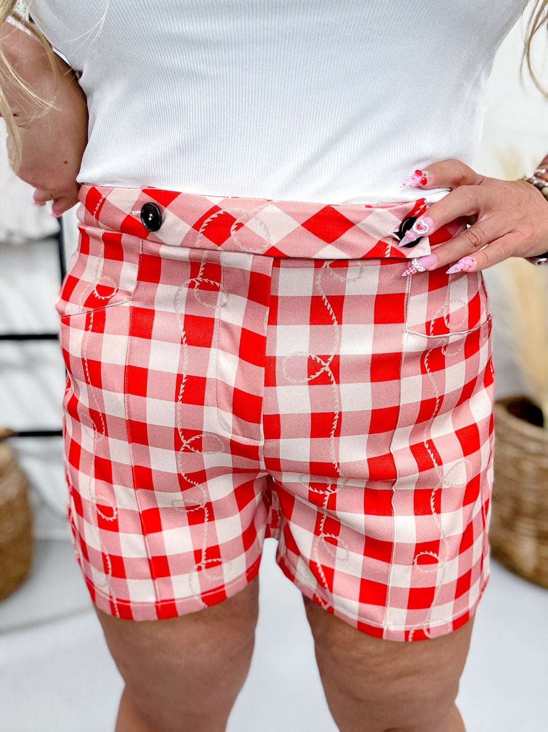 Red & White Gingham Shorts With Rope Print Accent - Whiskey Skies - 2 FLY CO.