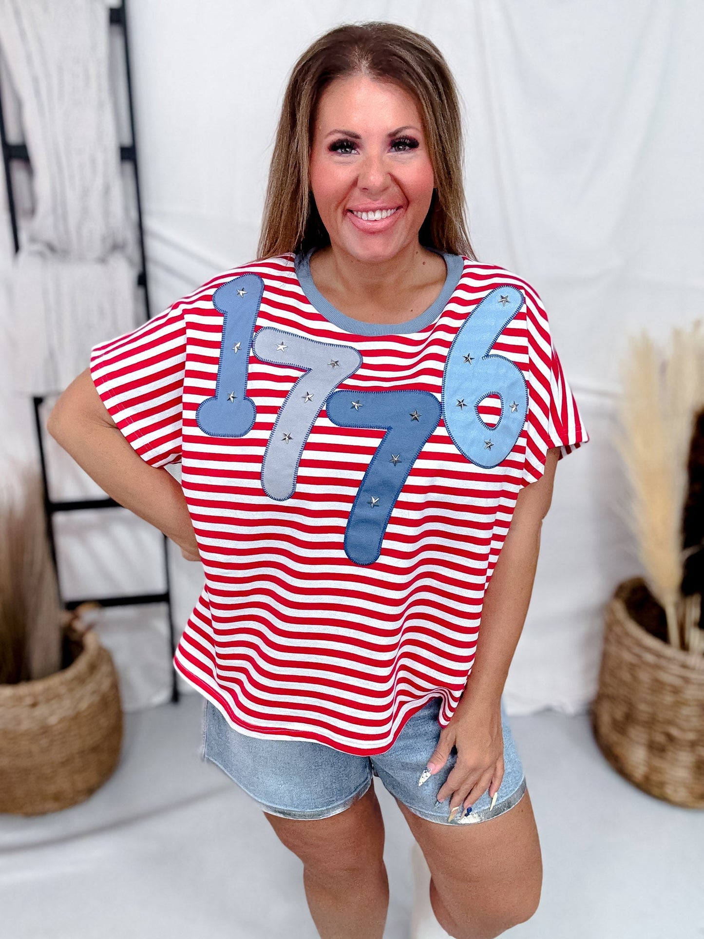 Red & White Striped "1776" Short Sleeve Shirt - Whiskey Skies - SOUTHERN GRACE