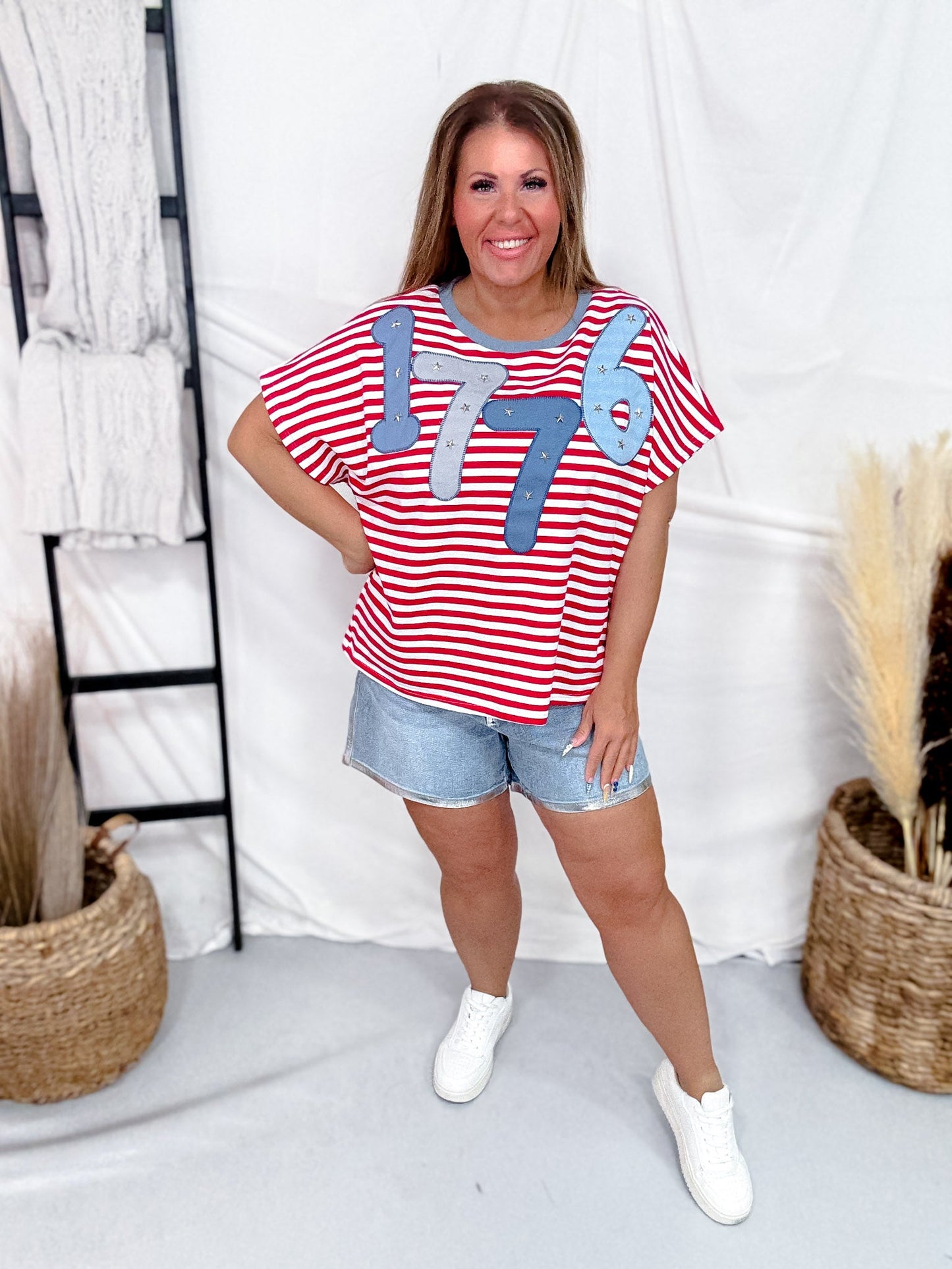 Red & White Striped "1776" Short Sleeve Shirt - Whiskey Skies - SOUTHERN GRACE