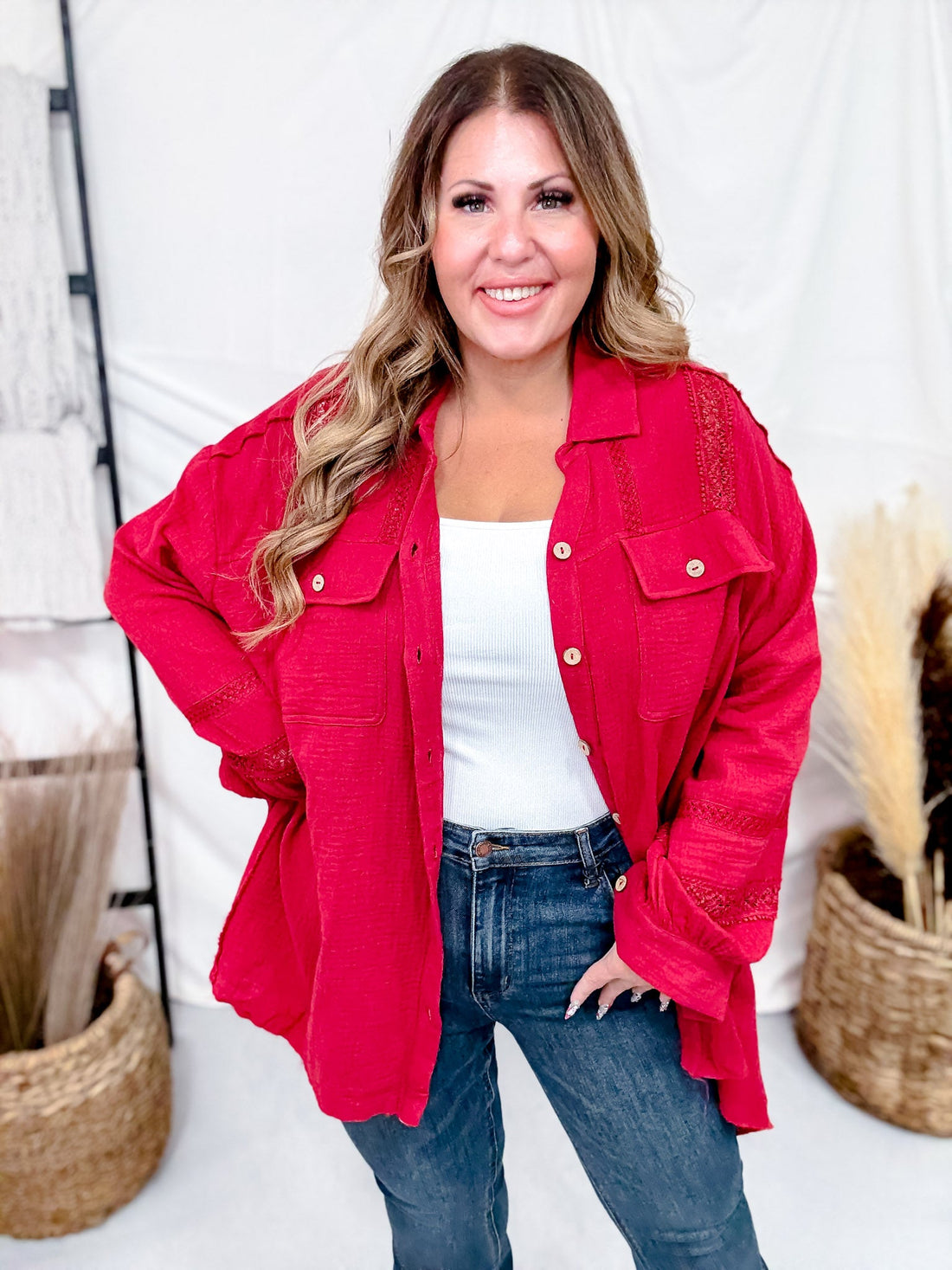 Red Wine Cotton Gauze Top With Crochet Detailing - Whiskey Skies - EASEL