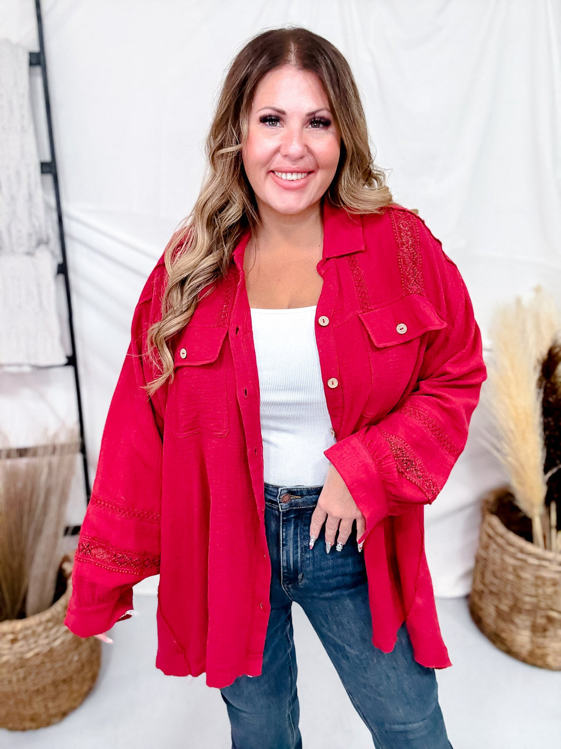 Red Wine Cotton Gauze Top With Crochet Detailing - Whiskey Skies - EASEL