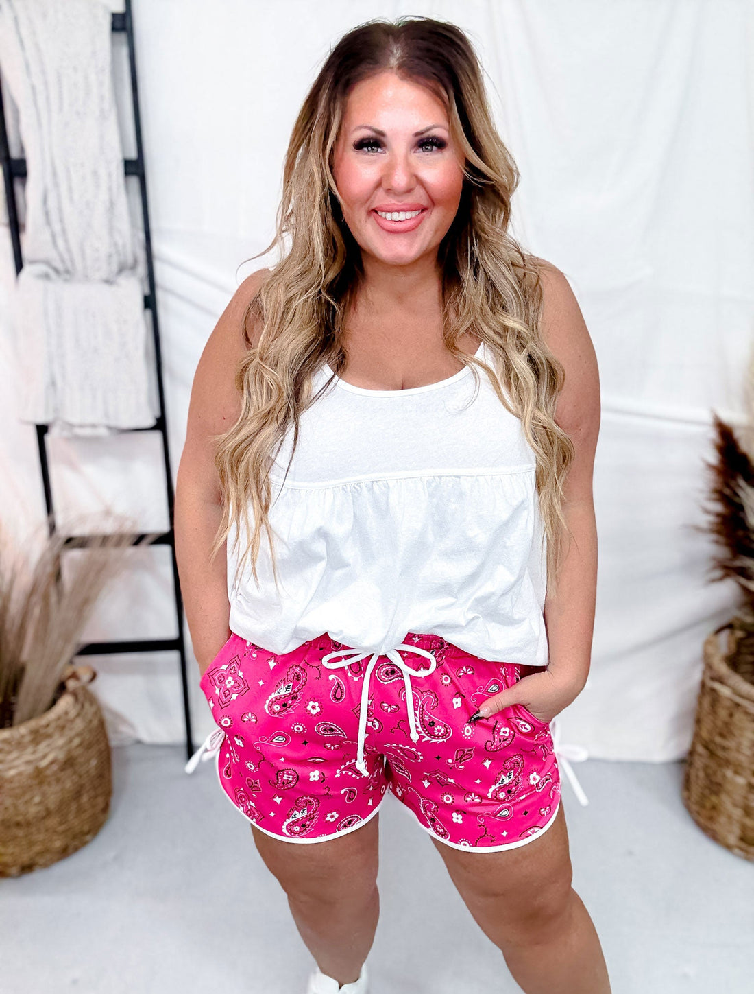 Regular Length Pink Bandana Babe Drawstring Shorts - Whiskey Skies - STERLING KREEK