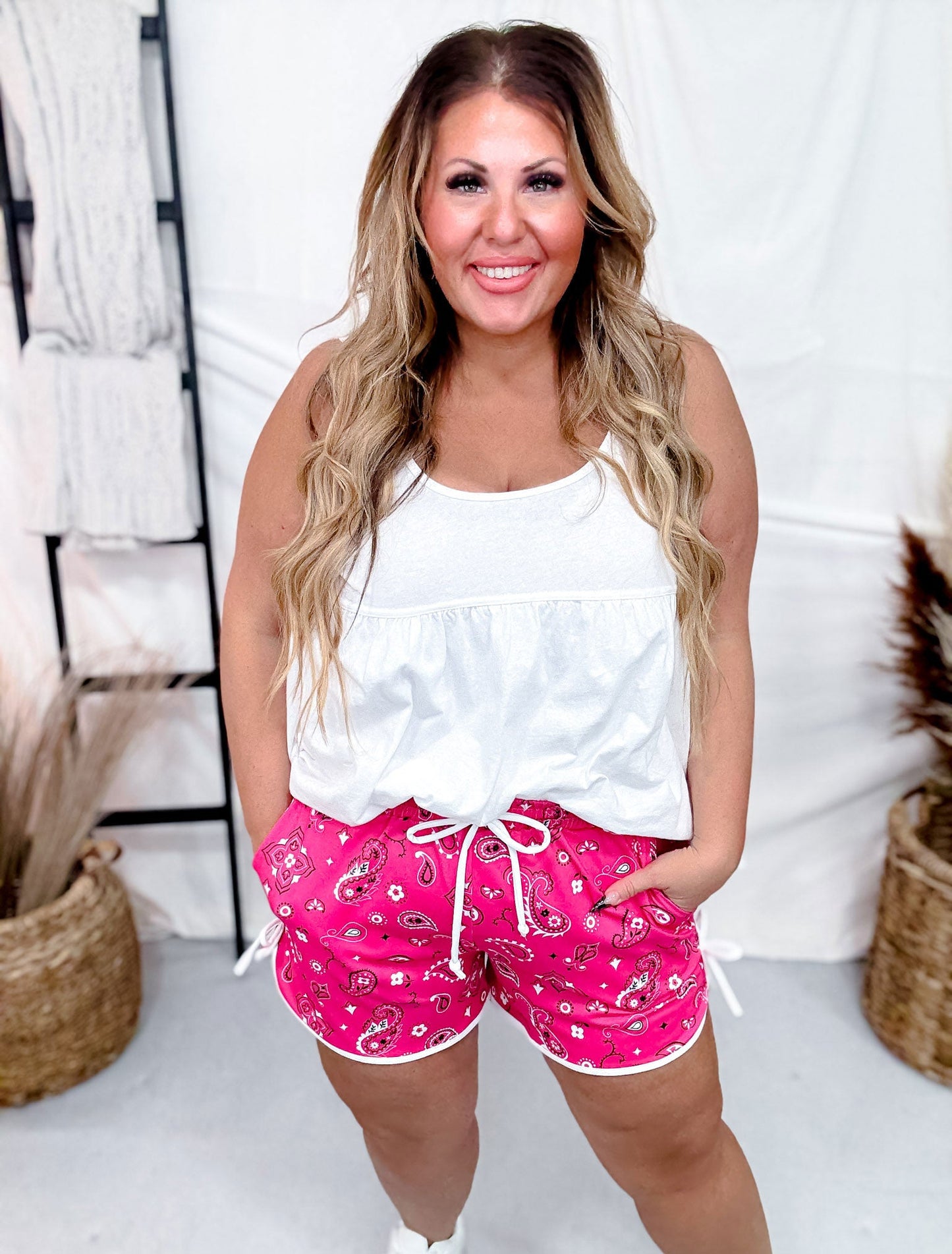 Regular Length Pink Bandana Babe Drawstring Shorts - Whiskey Skies - STERLING KREEK