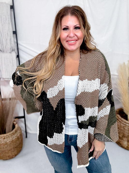 Relaxed Fit 3/4 Sleeve Camo Cardigan W/ Dropped Shoulders - Whiskey Skies - POL CLOTHING INC.