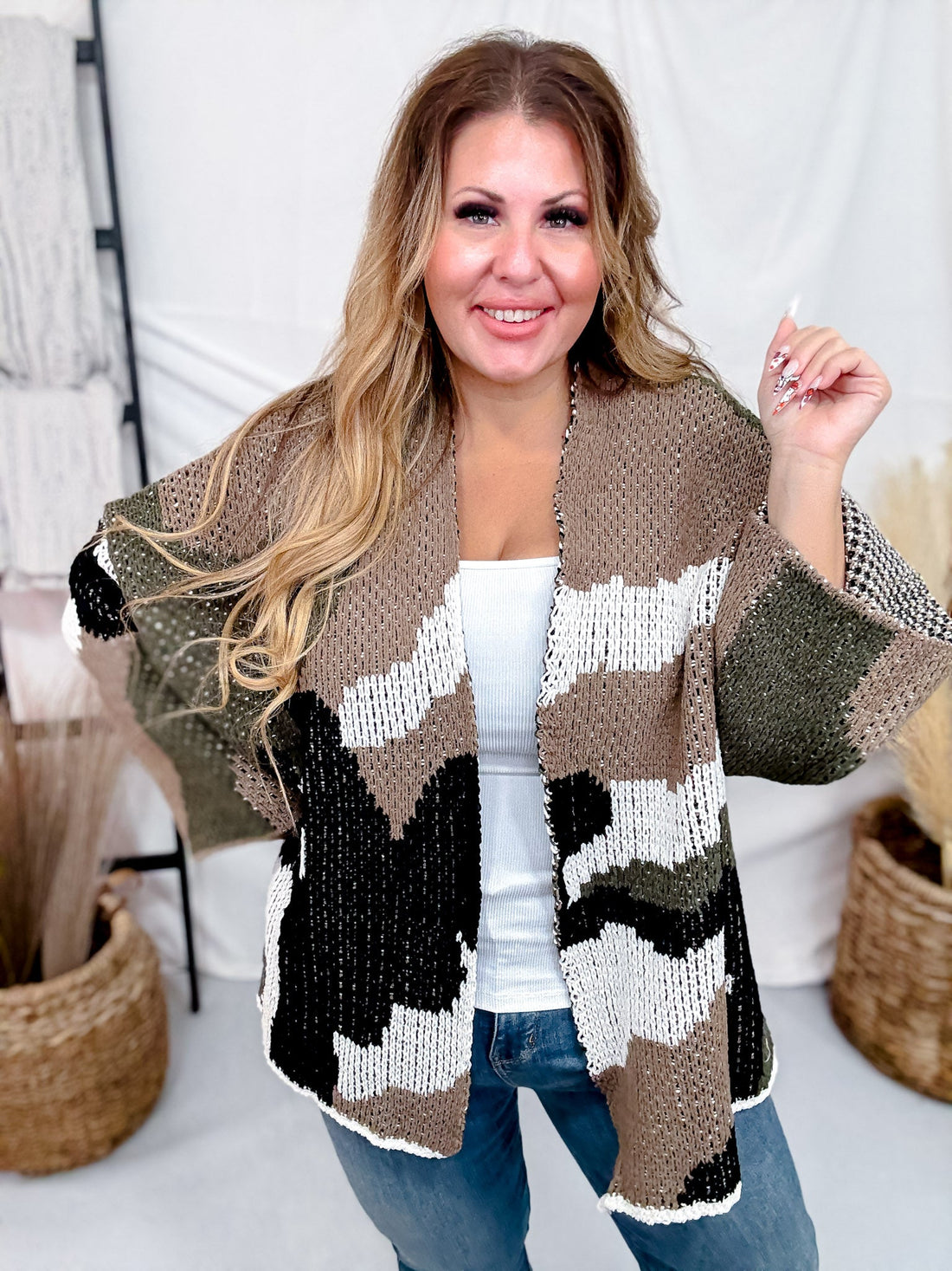 Relaxed Fit 3/4 Sleeve Camo Cardigan W/ Dropped Shoulders - Whiskey Skies - POL CLOTHING INC.