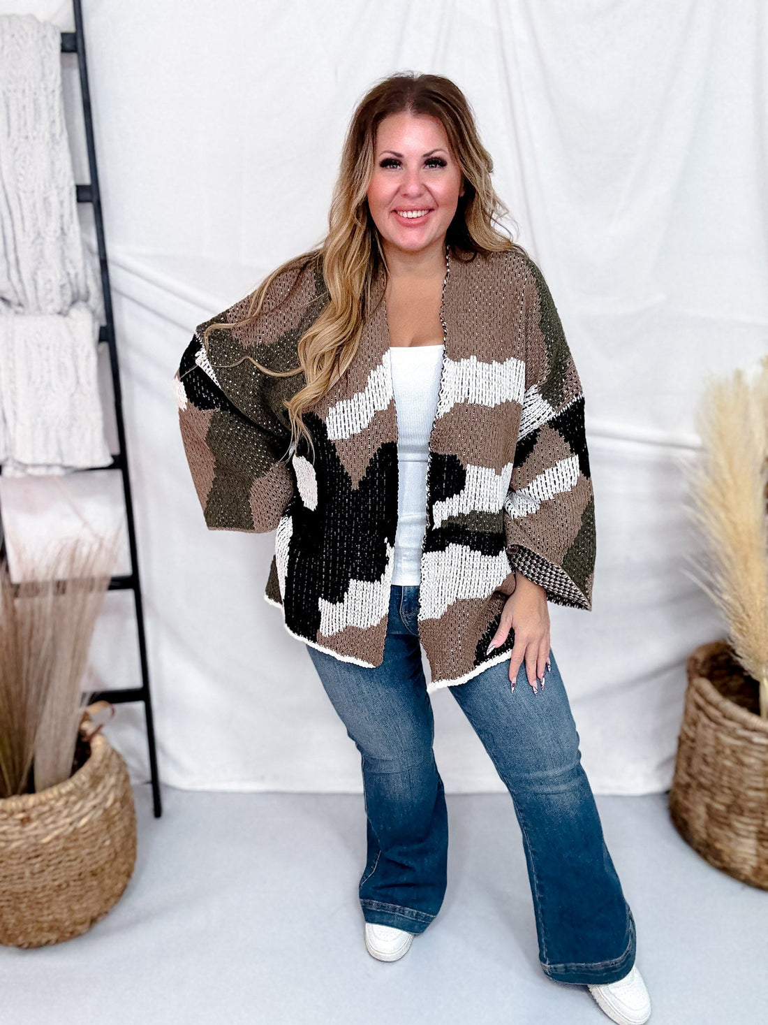 Relaxed Fit 3/4 Sleeve Camo Cardigan W/ Dropped Shoulders - Whiskey Skies - POL CLOTHING INC.