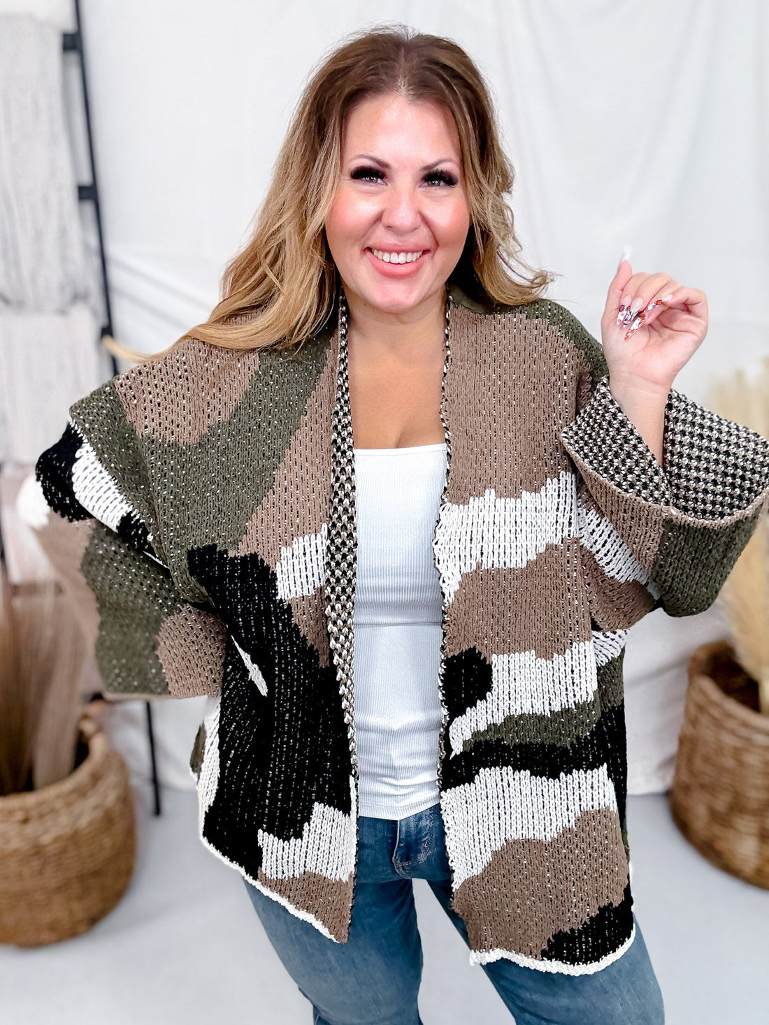 Relaxed Fit 3/4 Sleeve Camo Cardigan W/ Dropped Shoulders - Whiskey Skies - POL CLOTHING INC.