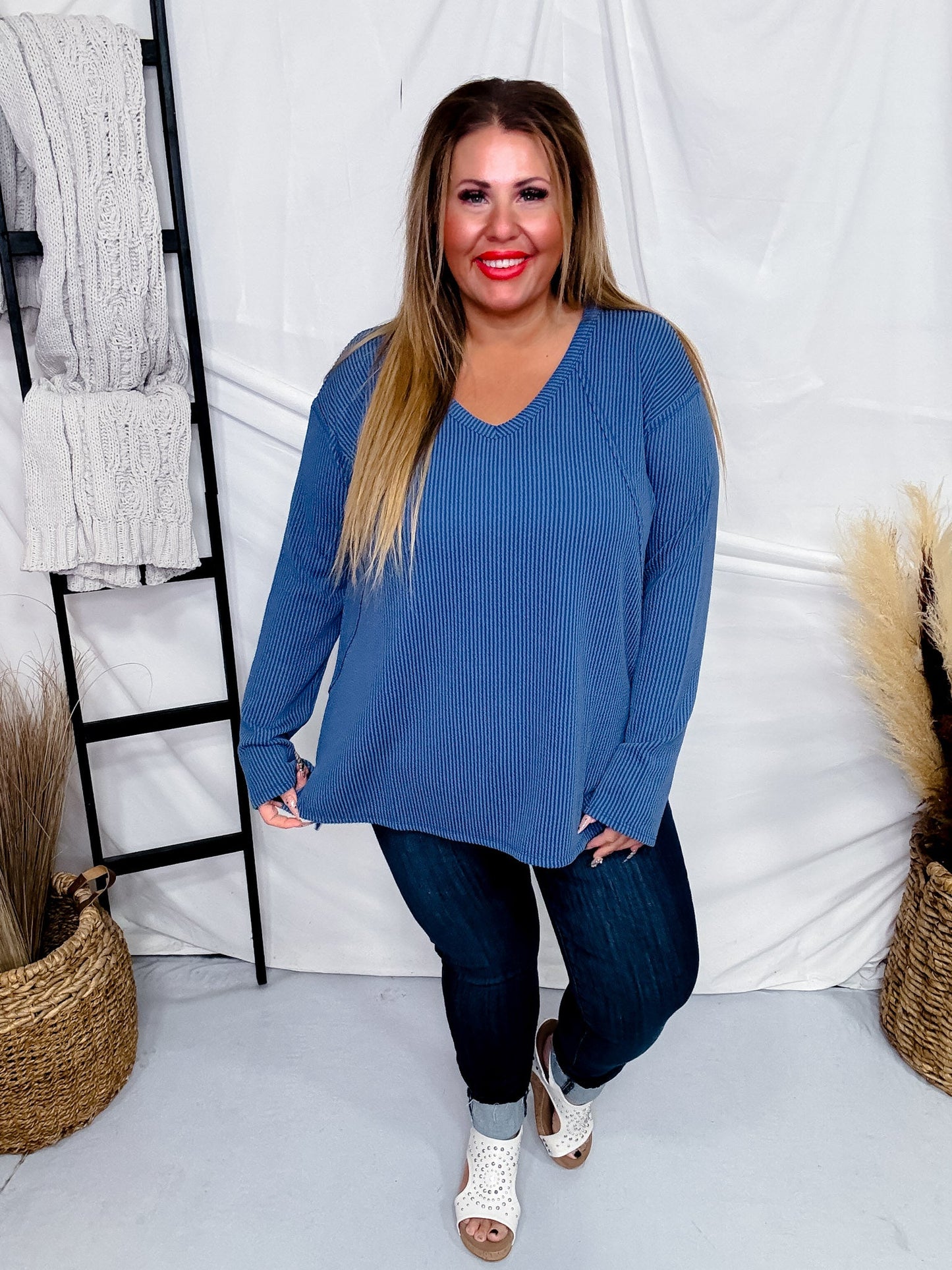 Relaxed Fit Long Sleeve Ribbed Tunic Top - Whiskey Skies - ANDREE BY UNIT