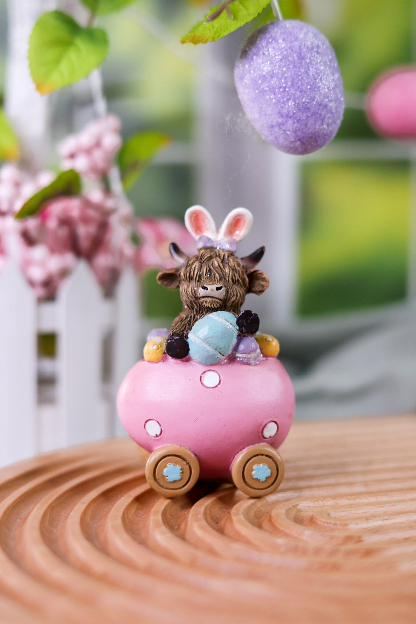 Resin Highland Cows In Easter Egg Carts (3 Styles) - Whiskey Skies - GERSON COMPANIES