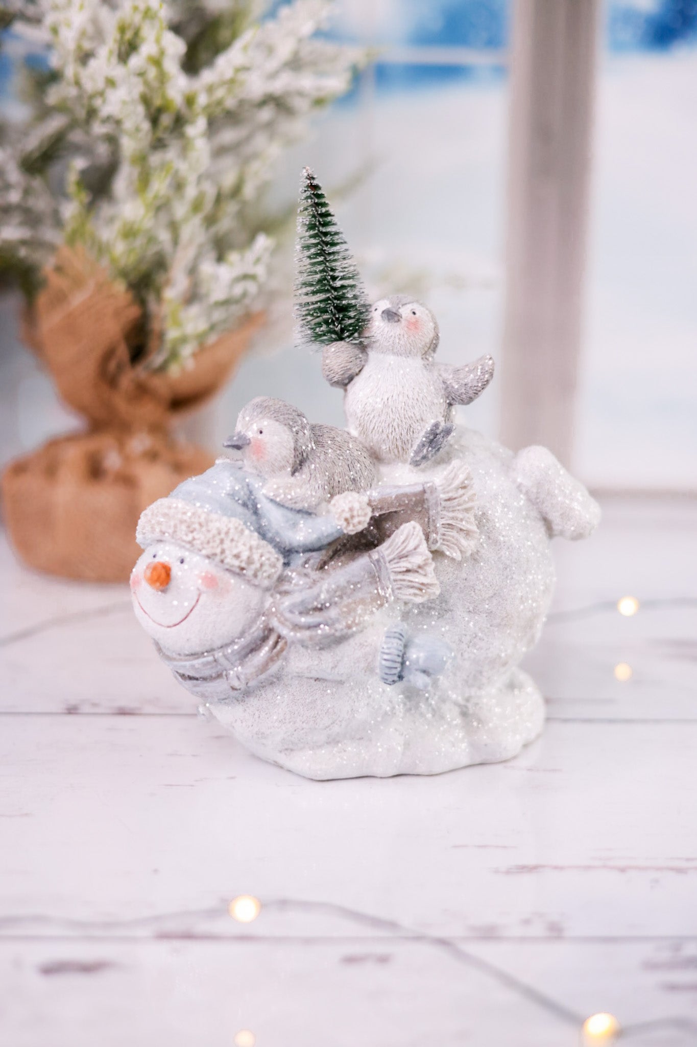 Resin Snowman with Penguin Figurine - Whiskey Skies - YOUNG'S INC