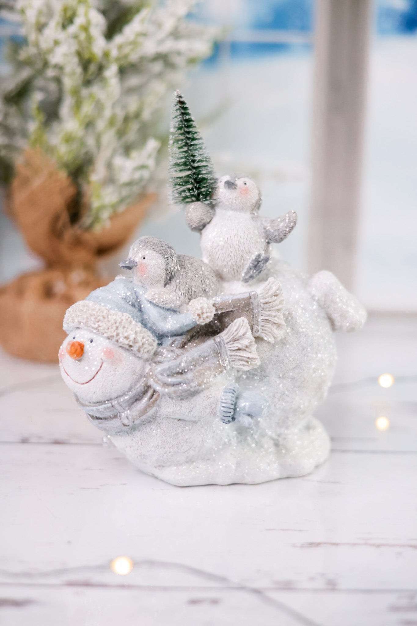 Resin Snowman with Penguin Figurine - Whiskey Skies - YOUNG'S INC