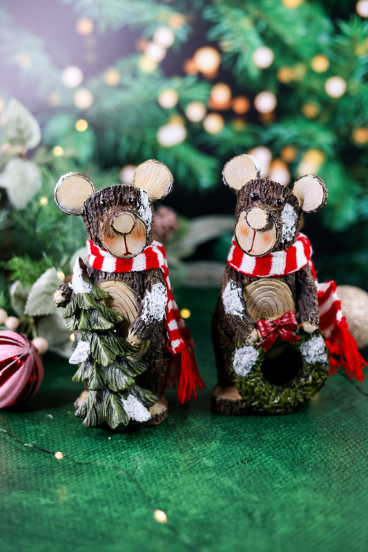 Resin Wood Bark Finish Bear Tabletop Christmas Decor (2 Styles) - Whiskey Skies - YOUNG'S INC