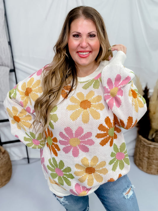 Retro Daisy Knit Pullover Sweater - Whiskey Skies - HAYDEN