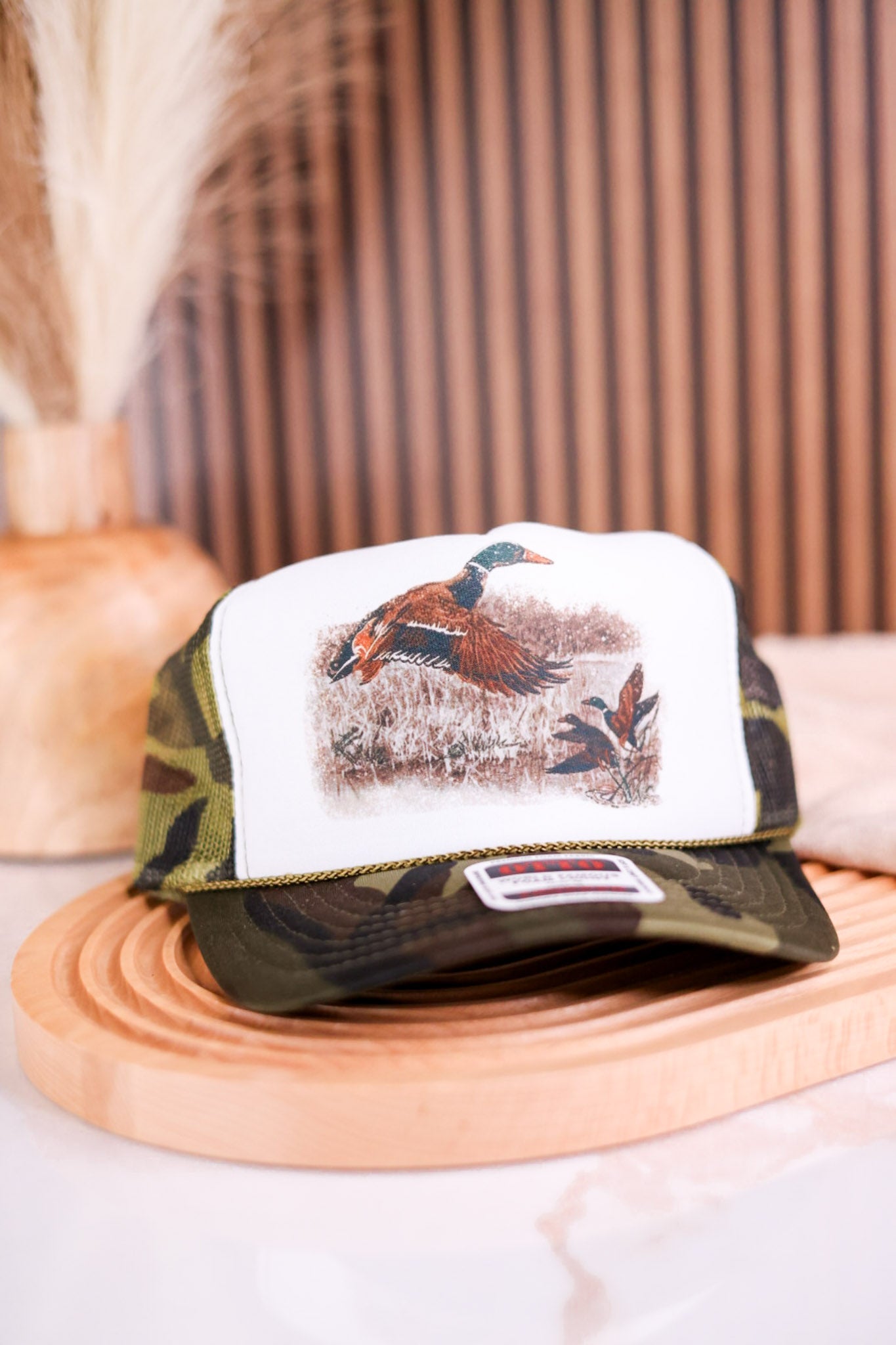 Retro Duck Blind Camo Trucker Snapback Hat - Whiskey Skies display picture 1