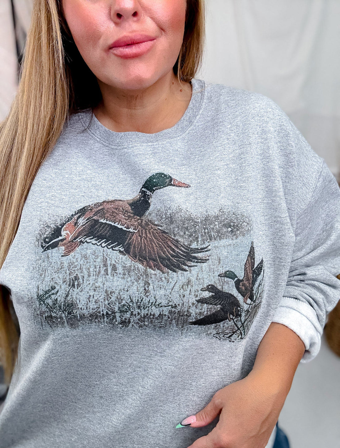 Retro Duck Scene Grey Long Sleeve Sweatshirt - Whiskey Skies - THE LATTIMORE CLAIM