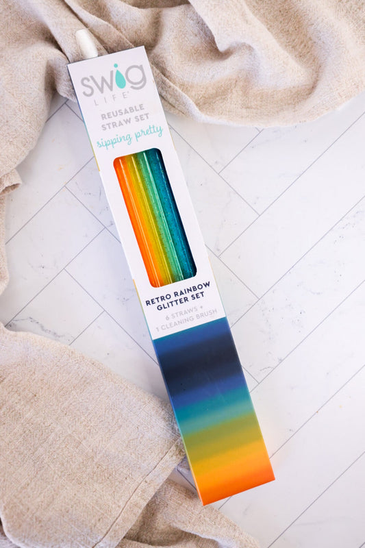 Retro Rainbow Glitter Reusable Straw Set - Whiskey Skies - SWIG LIFE