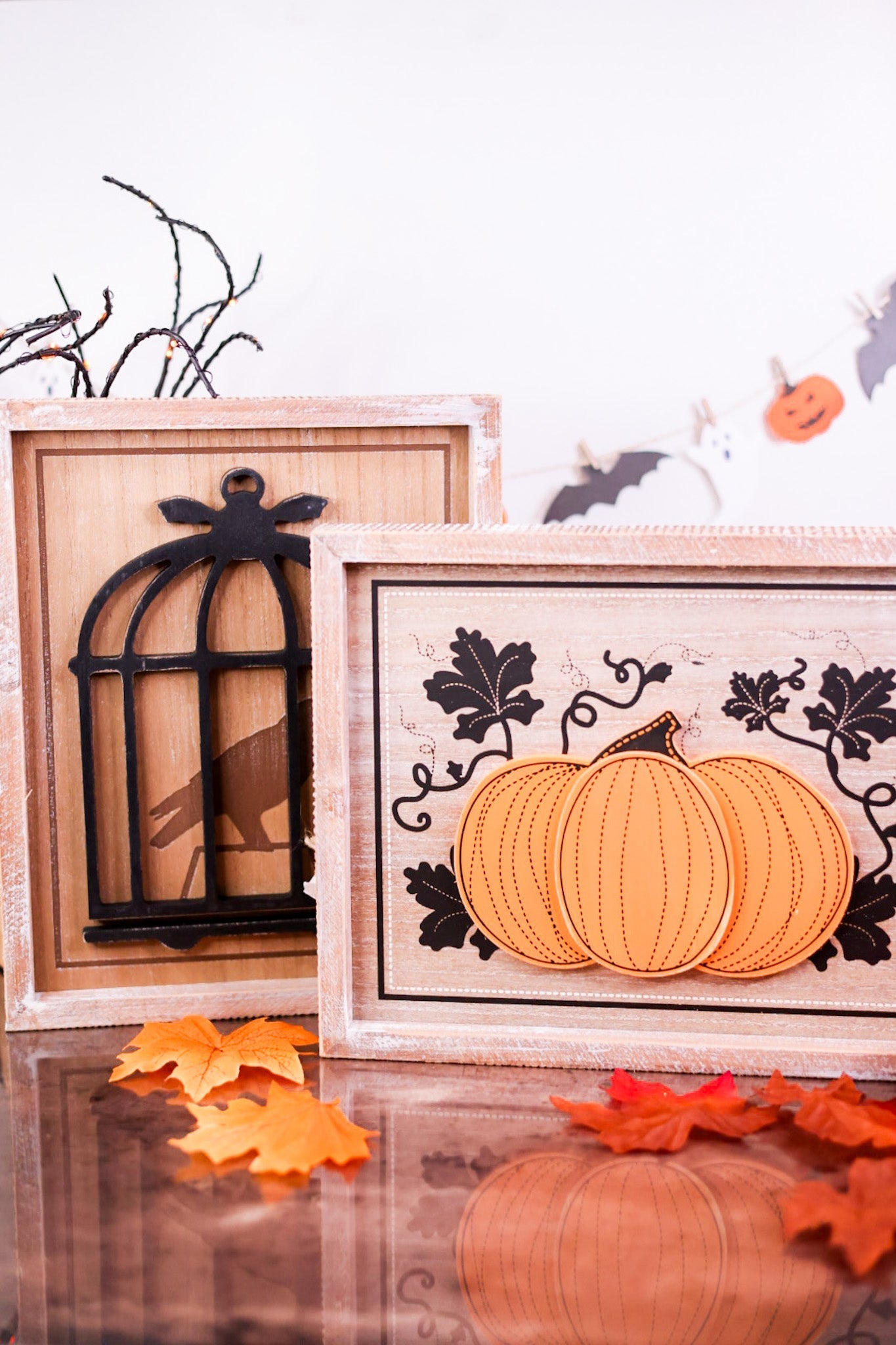 Reversible Bird Cage and Pumpkin Sign in Wooden Frame - Whiskey Skies - ADAMS & CO