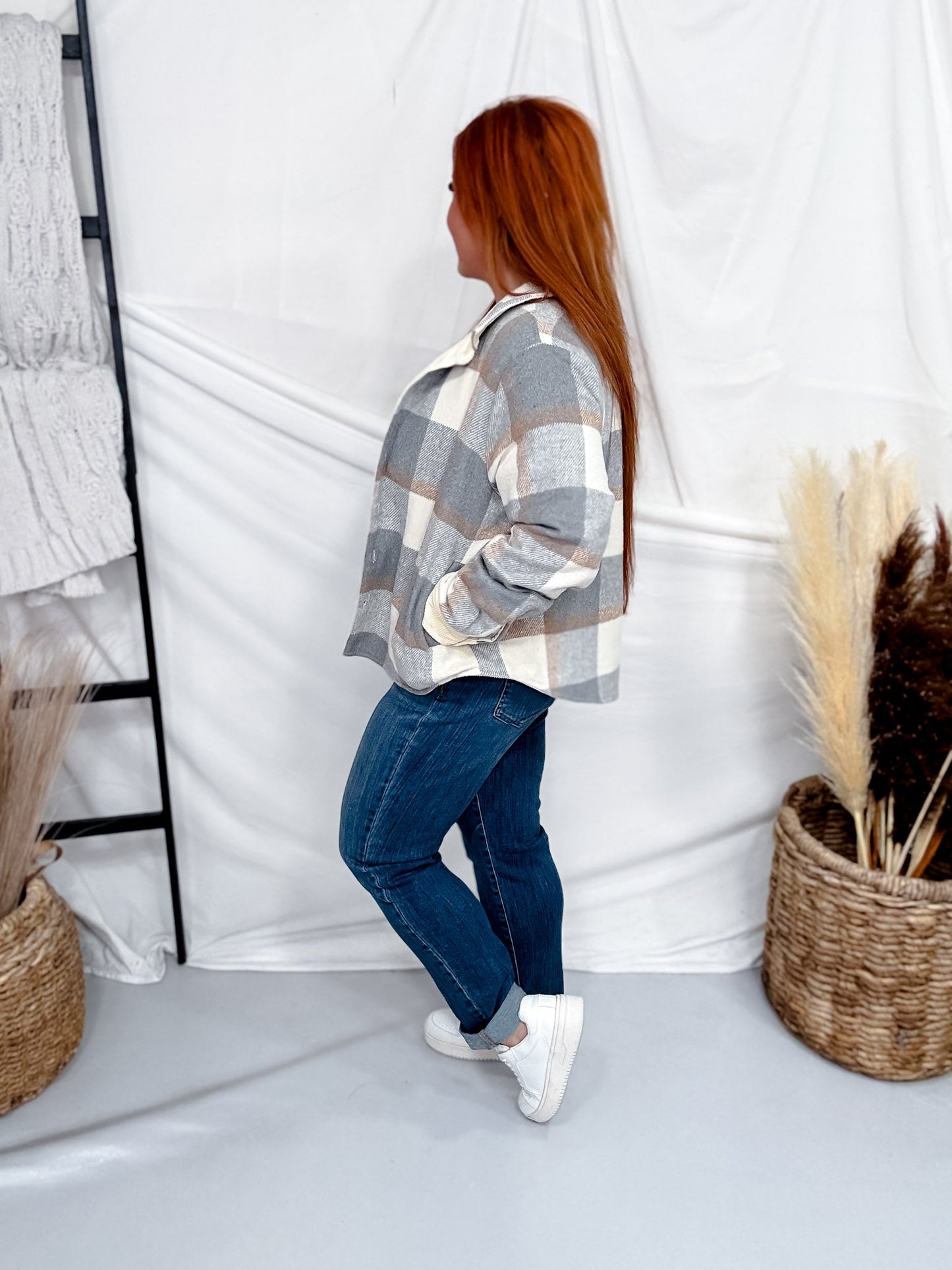Reversible Cream & Gray Plaid Button Down Shacket - Whiskey Skies - HEIMISH