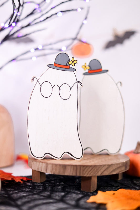Reversible Ghost With Bowler Hat Chunky Wooden Sitter - Whiskey Skies - ADAMS & CO