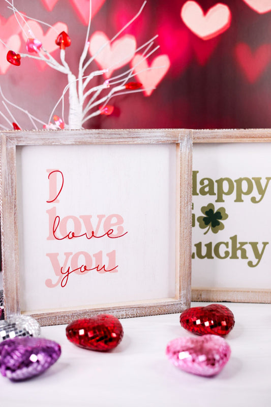 Reversible "I Love You/Happy Go Lucky" Wooden Framed Sign - Whiskey Skies - DEVANIE AT HOME