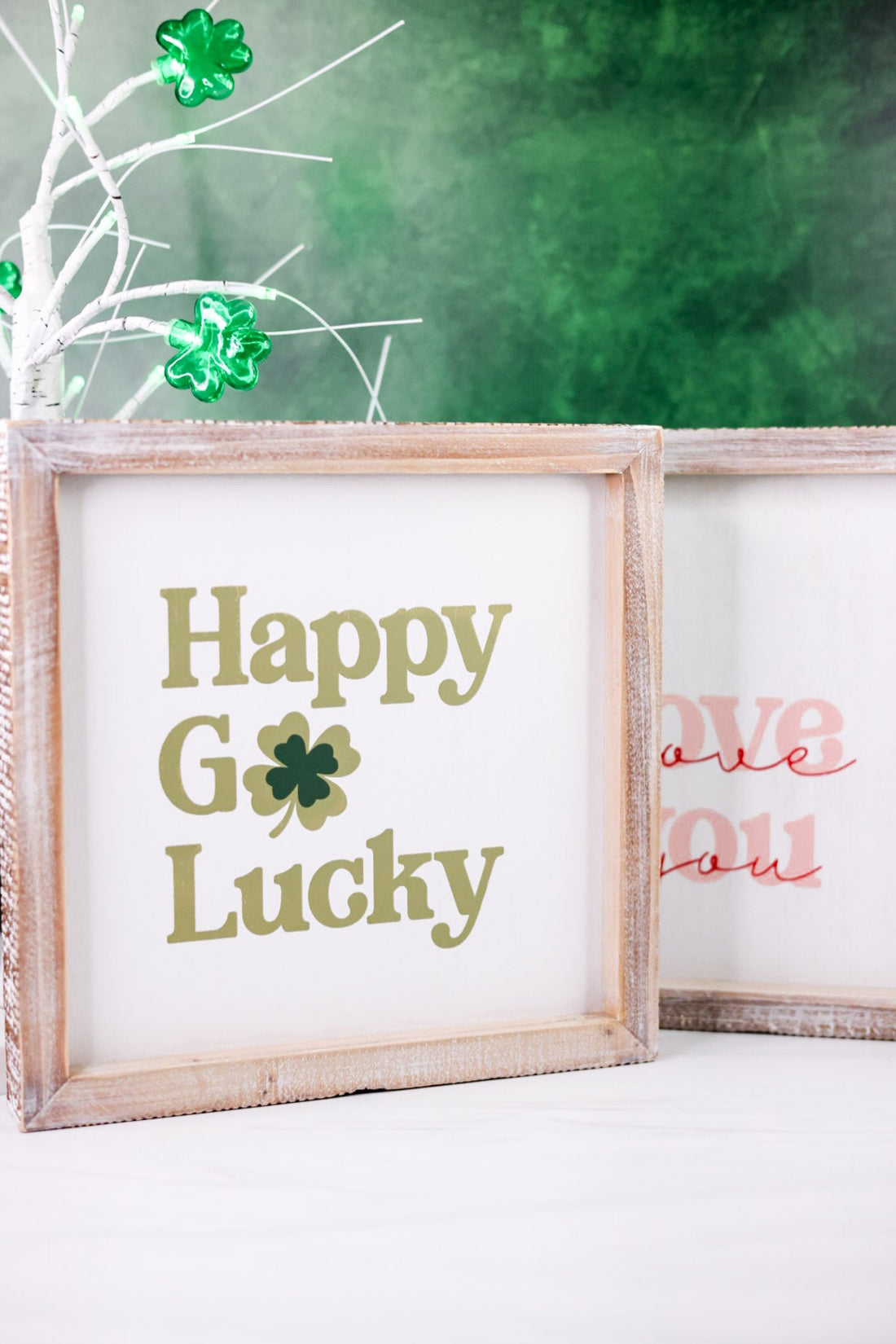 Reversible "I Love You/Happy Go Lucky" Wooden Framed Sign - Whiskey Skies - DEVANIE AT HOME