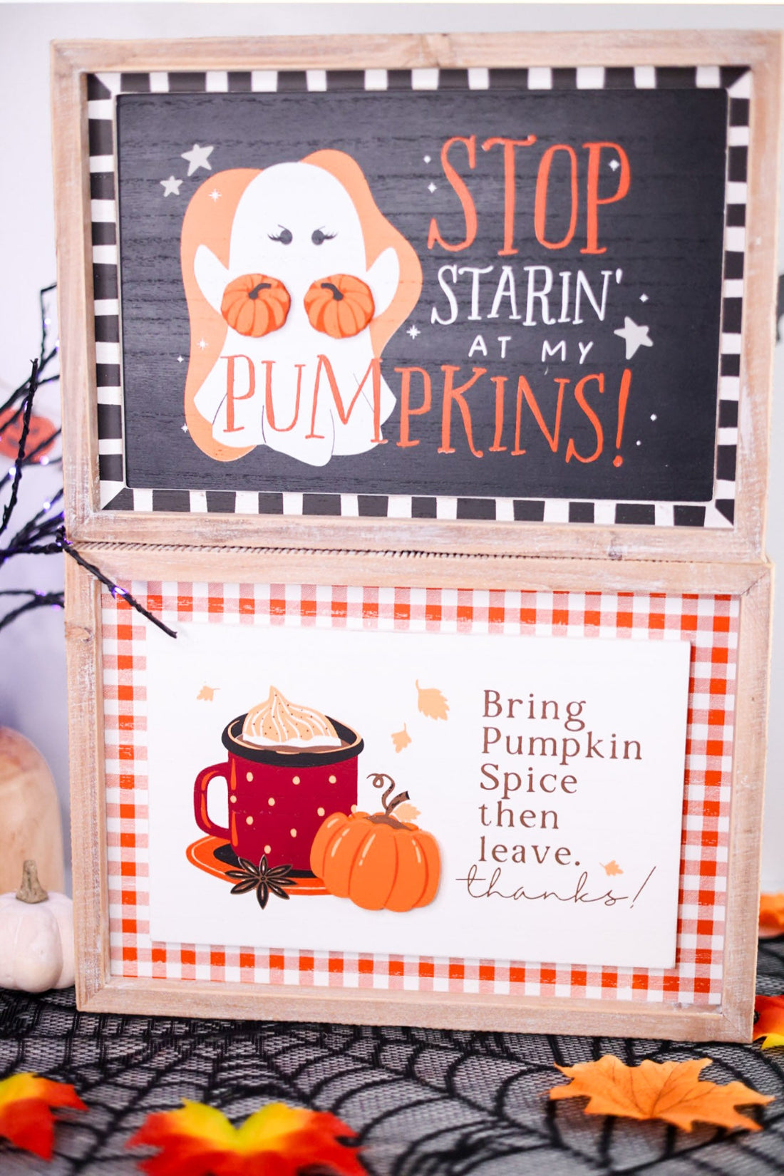 Reversible "Staring/Pumpkin Spice" Wood Framed Sign - Whiskey Skies - ADAMS & CO