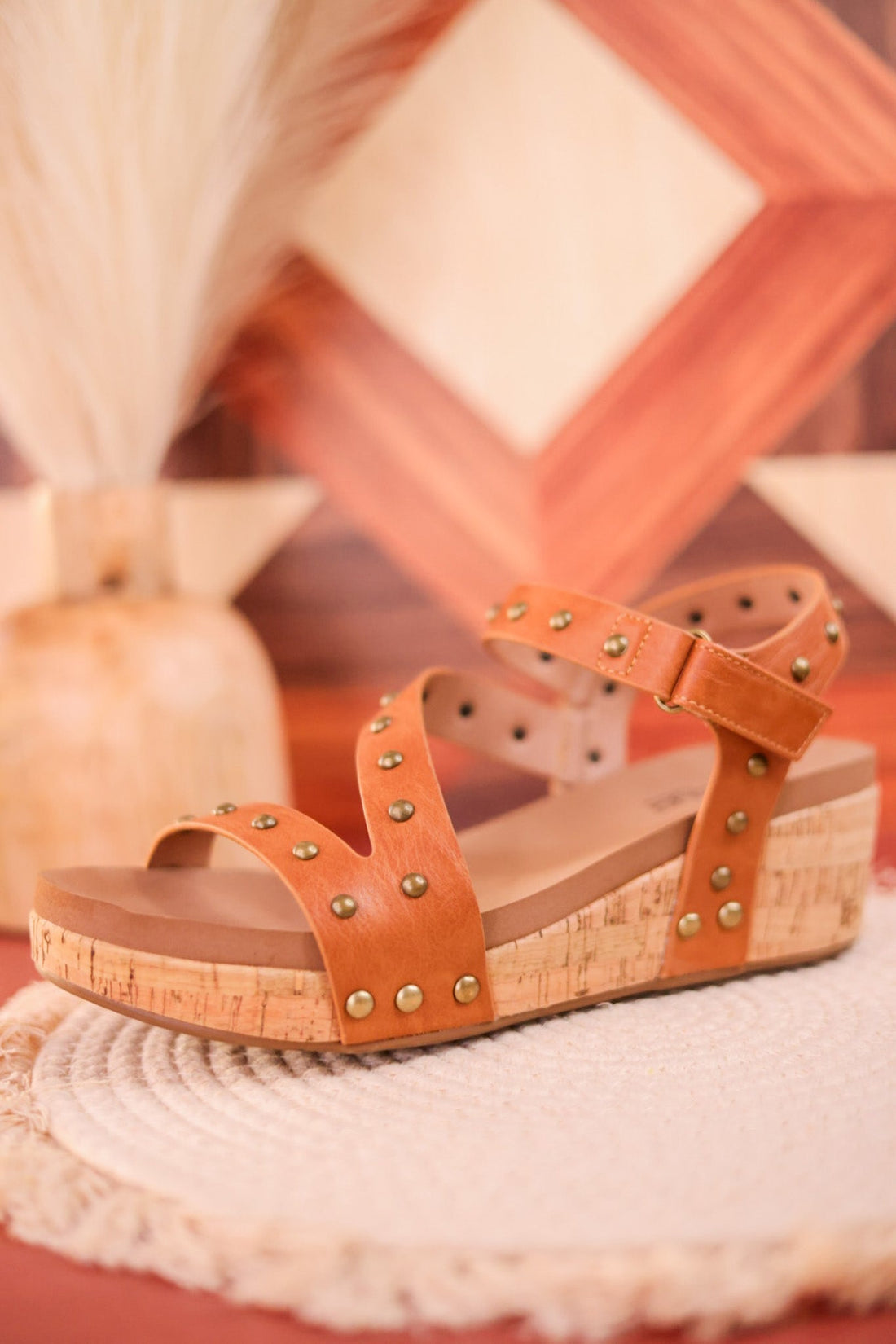 Revolve Cognac Studded Cork Wedges - Whiskey Skies - CORKYS FOOTWEAR