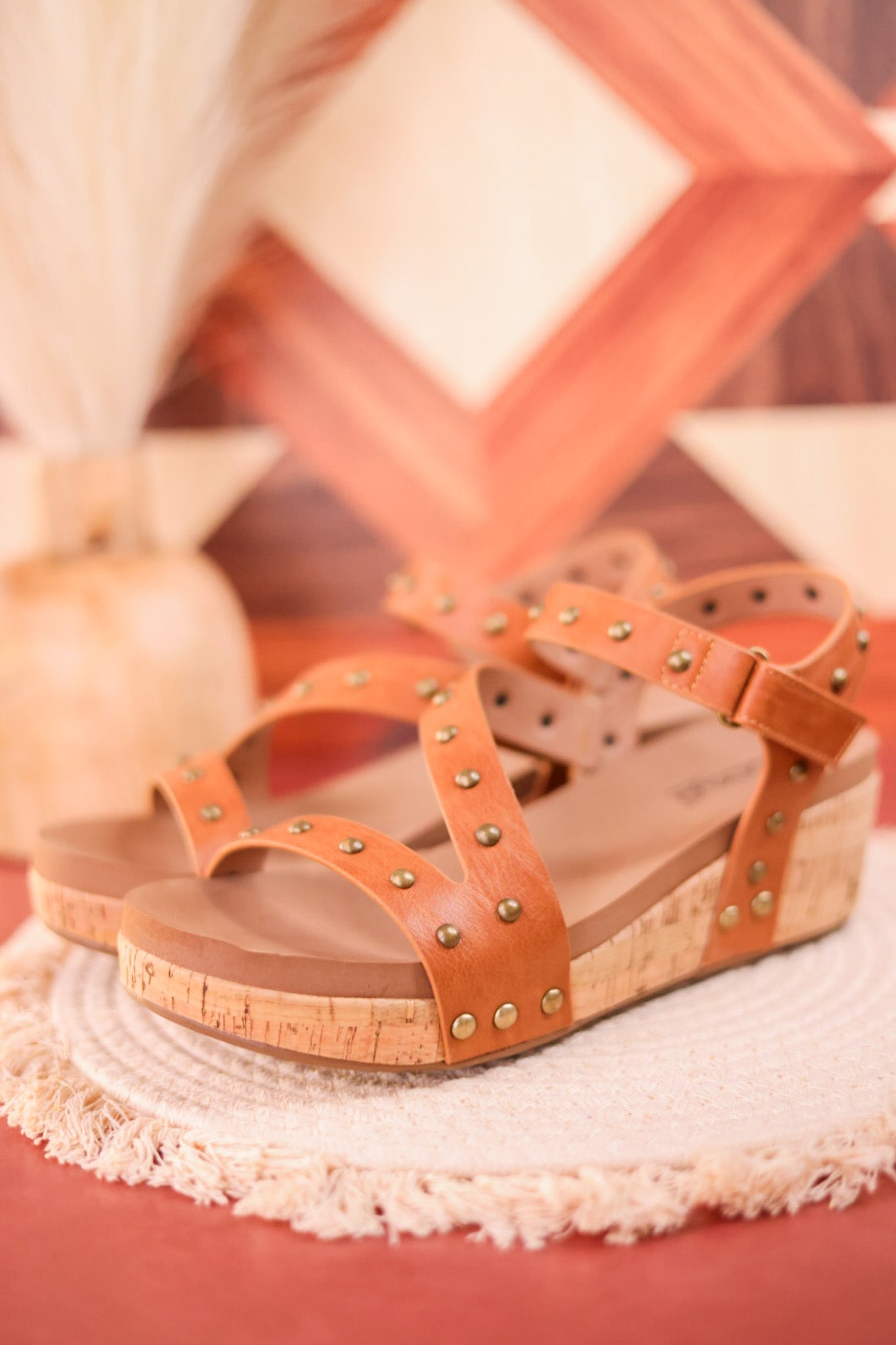 Revolve Cognac Studded Cork Wedges - Whiskey Skies - CORKYS FOOTWEAR