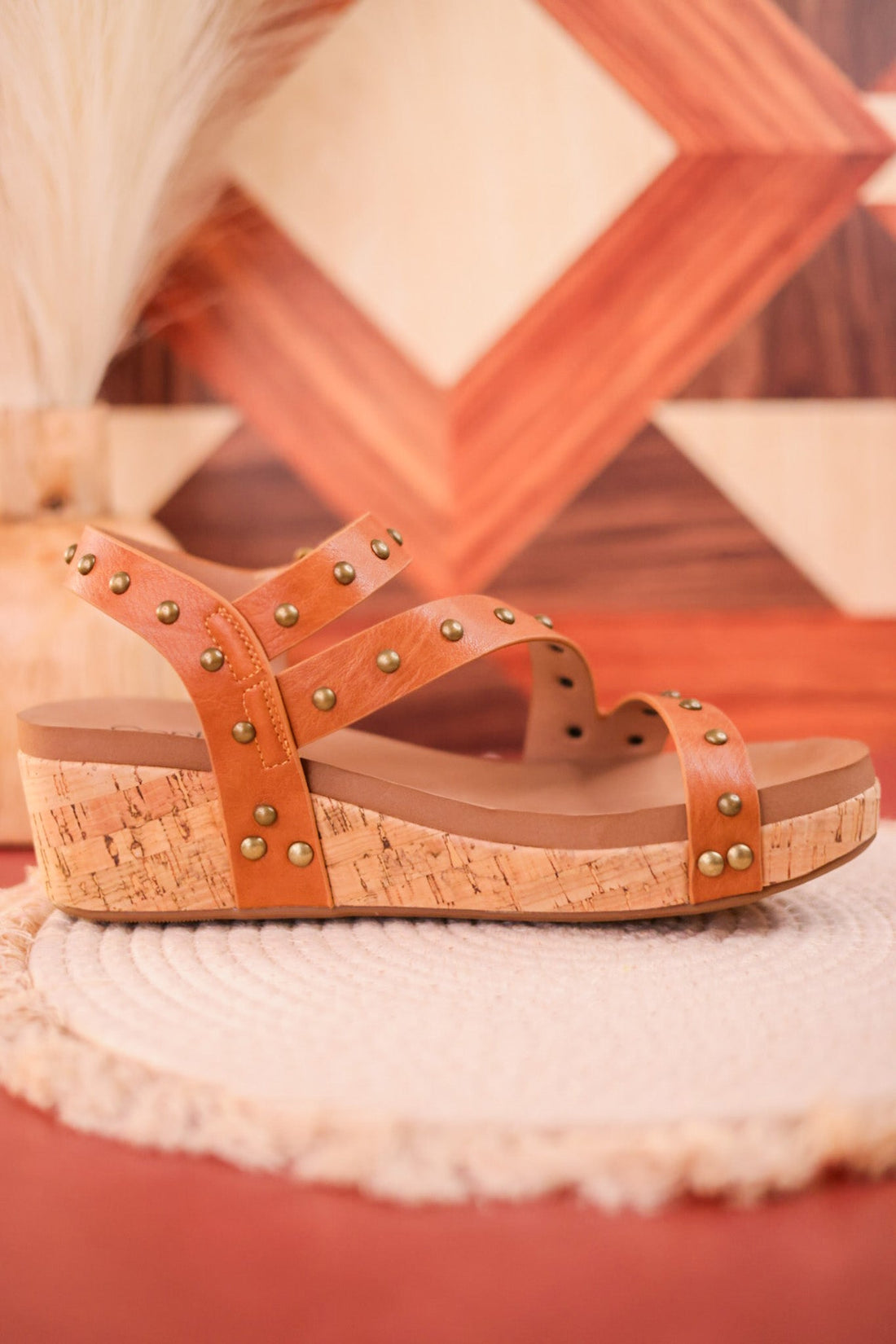 Revolve Cognac Studded Cork Wedges - Whiskey Skies - CORKYS FOOTWEAR