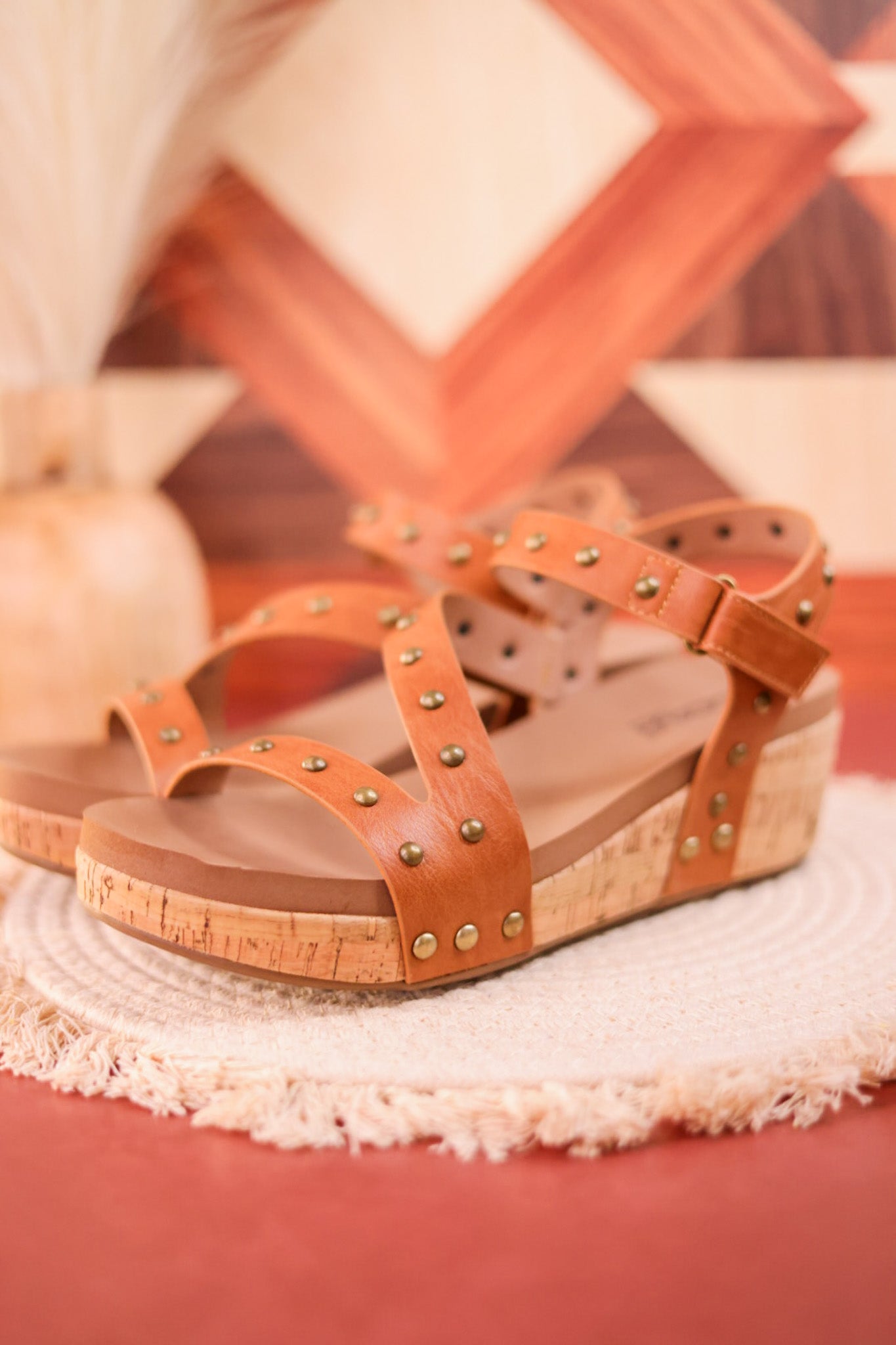 Revolve Cognac Studded Cork Wedges - Whiskey Skies - CORKYS FOOTWEAR