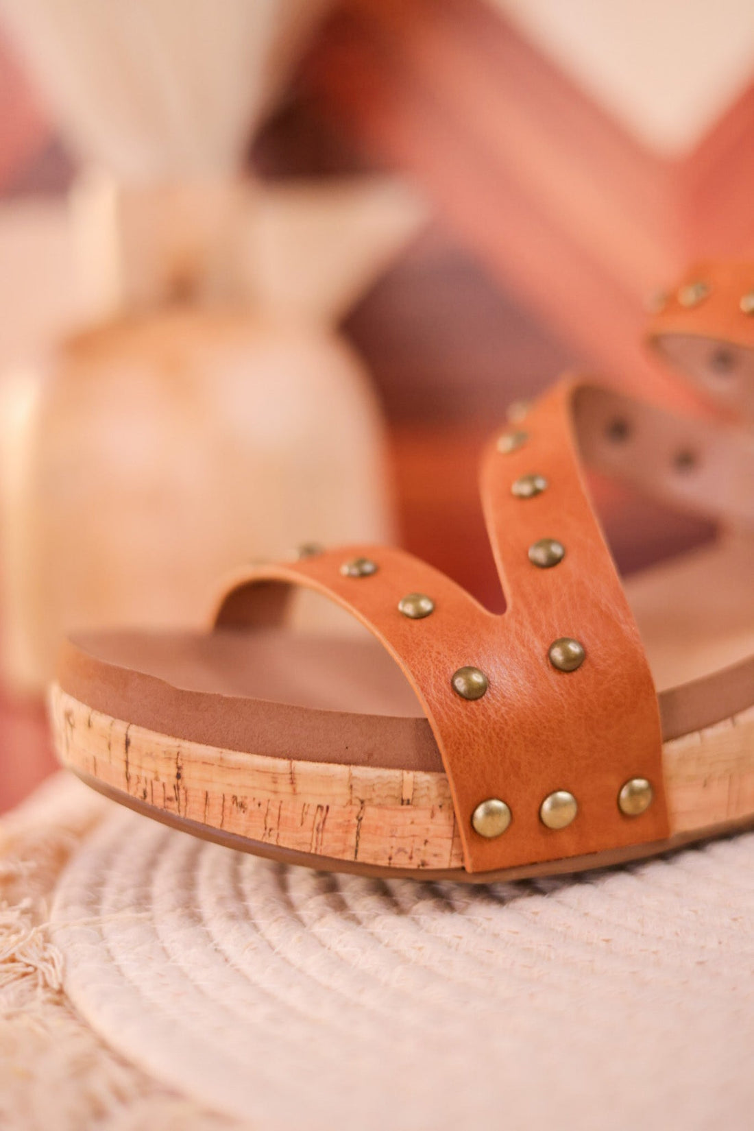 Revolve Cognac Studded Cork Wedges - Whiskey Skies - CORKYS FOOTWEAR