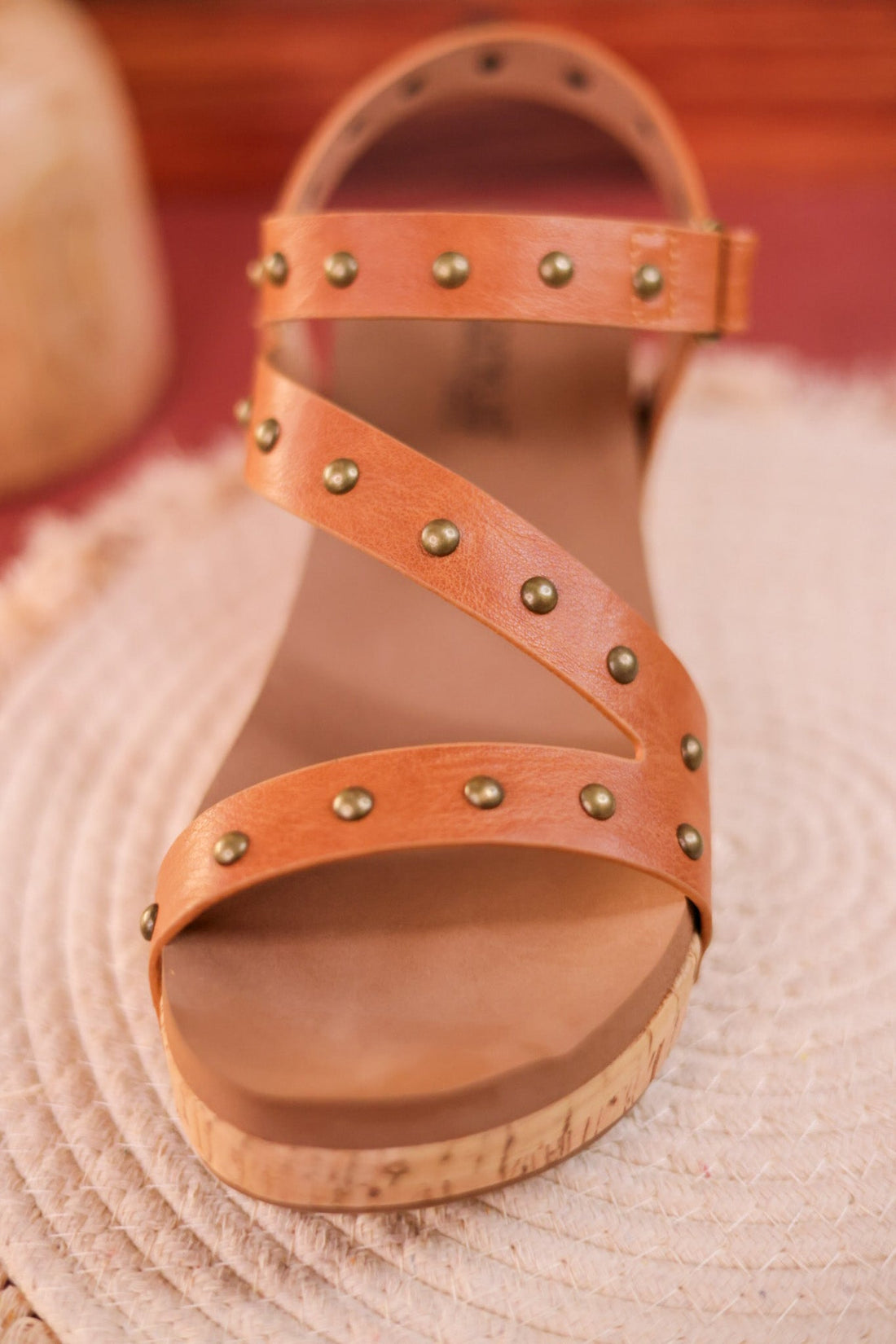 Revolve Cognac Studded Cork Wedges - Whiskey Skies - CORKYS FOOTWEAR