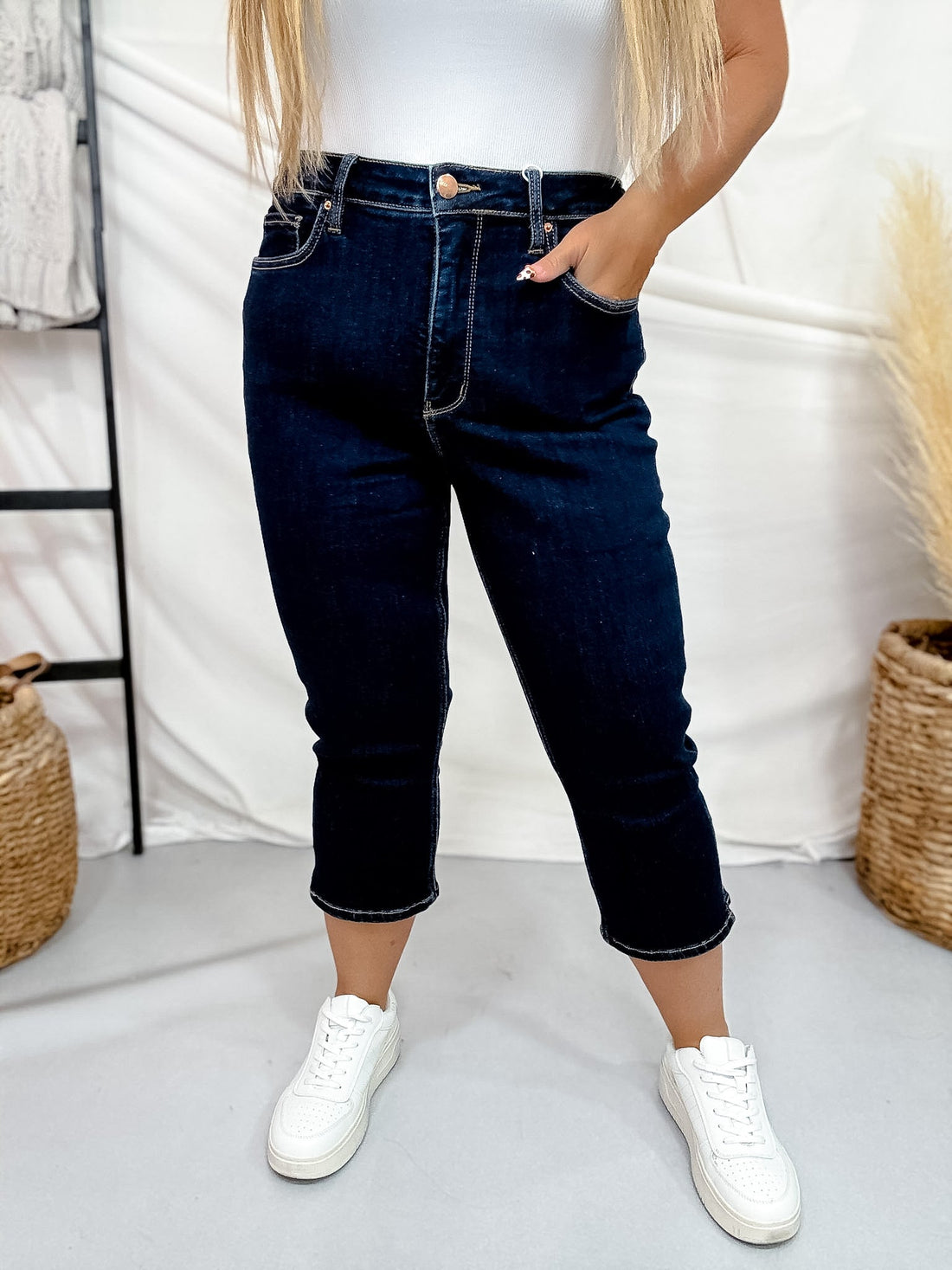 RFM Dark Wash High Waist Capris With Slit Hems - Whiskey Skies - YMI JEANS