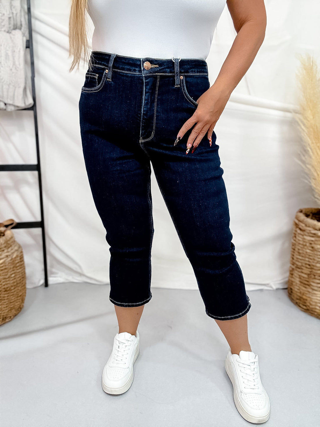 RFM Dark Wash High Waist Capris With Slit Hems - Whiskey Skies - YMI JEANS