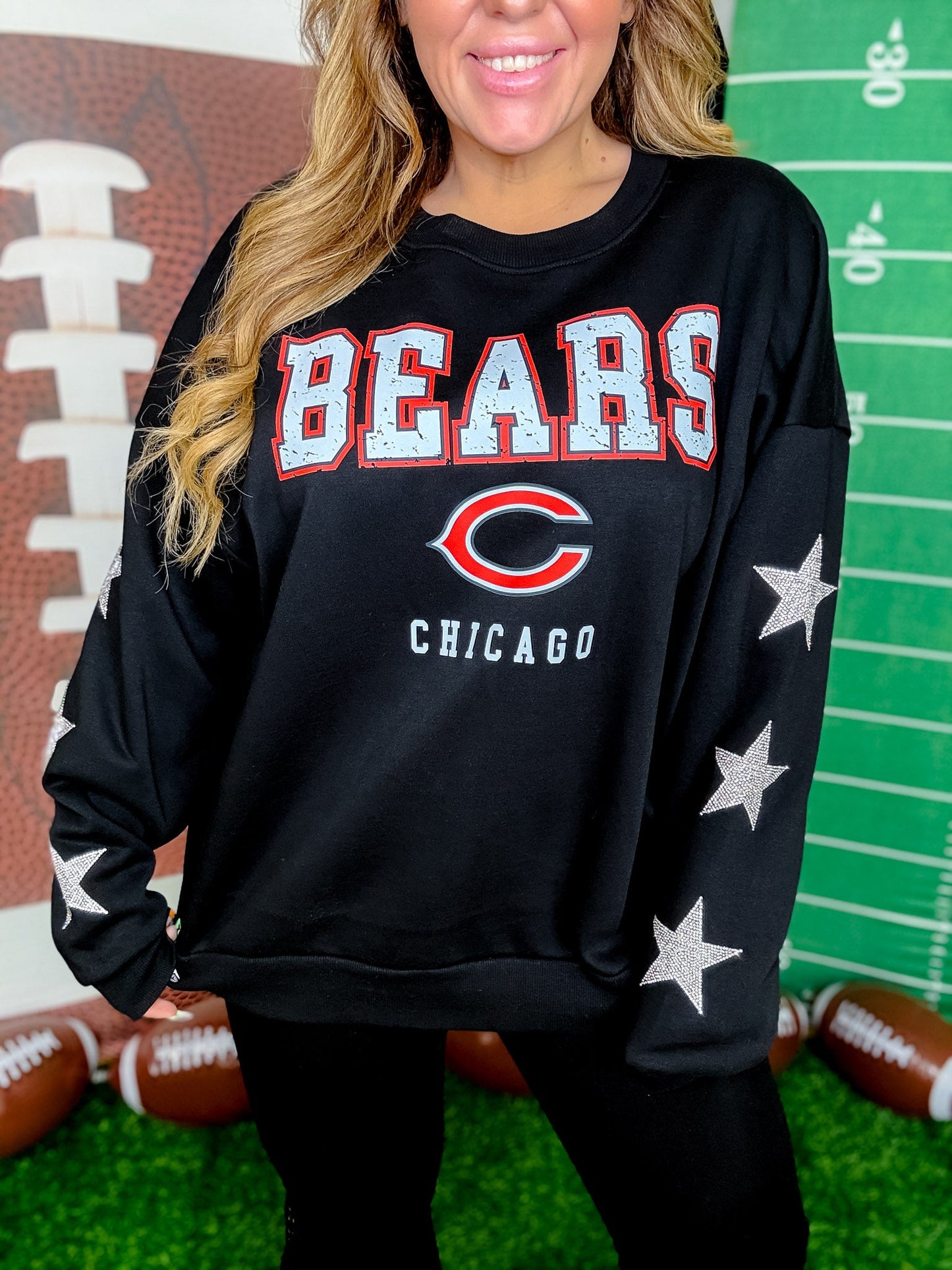 Rhinestone Embellished Licensed Chicago Bears Sweatshirt - Whiskey Skies - GAMEDAY COUTURE